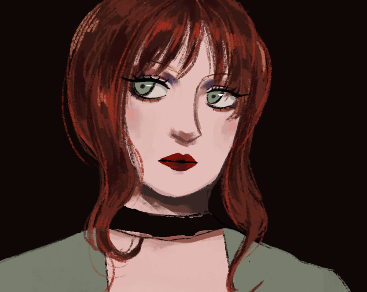 Messy digital painting of Chappell Roan, cropped to her face and shoulders. The shading is messy and incomplete.