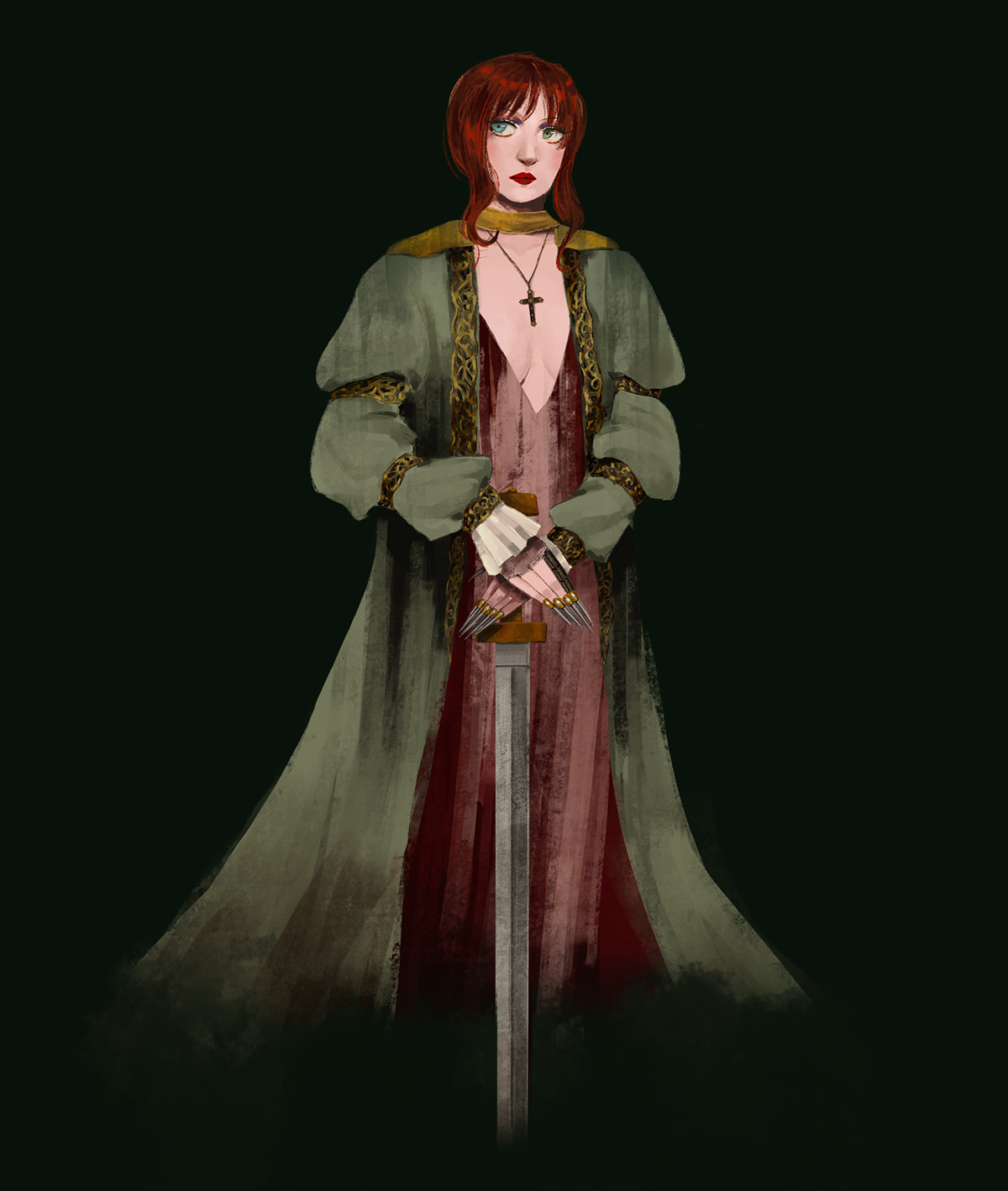 Digital painting of Chappell Roan, holding a sword. She's wearing a long green robe over a long sheer red dress. She has dramatic metal nail extensions.