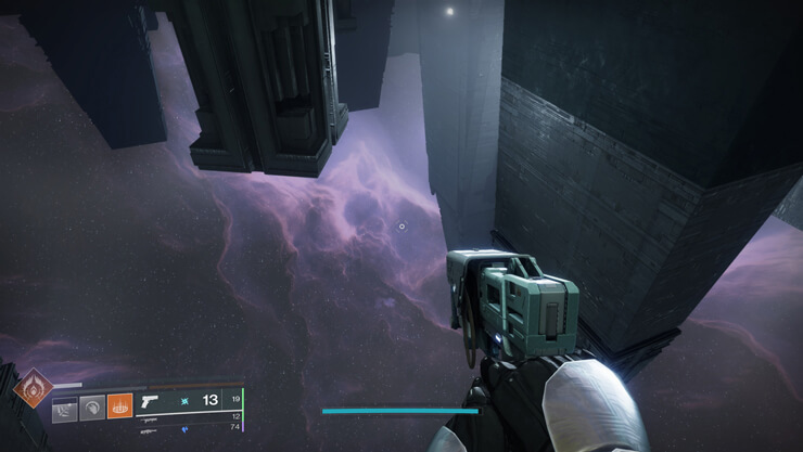 Destiny screenshot. First-person view looking downward at a purple nebulous sky.Various pillars extend down into that space.