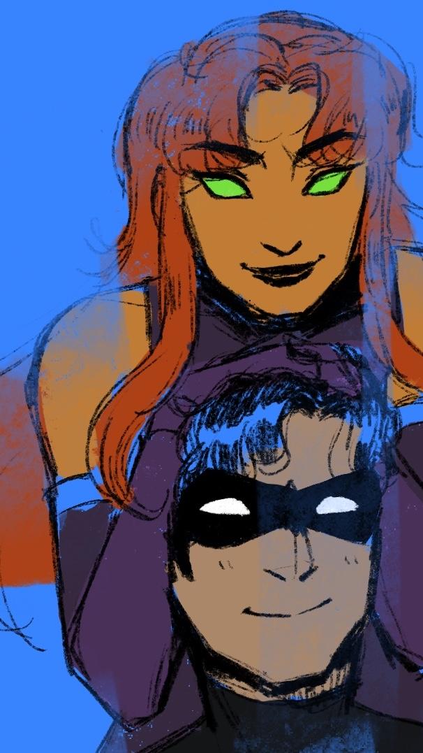 Closely cropped digital sketch of Starfire resting her hands on top of Nightwing’s head. It’s messily shaded in blocks of colour, with the blue background bleeding on top.