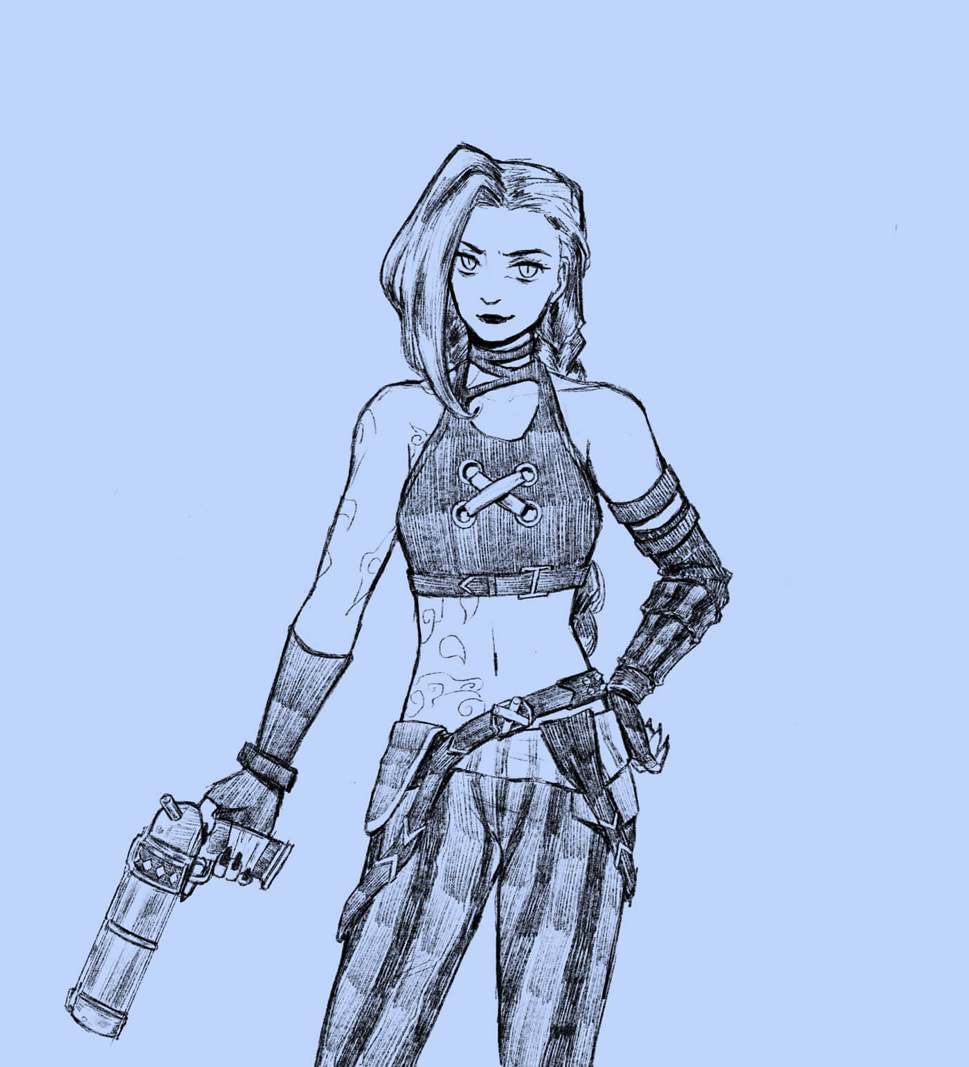 Sketch of Jinx standing with one hand on her hip and the other holding her gun. She’s smirking at the viewer. The sketch is lightly hatched. 