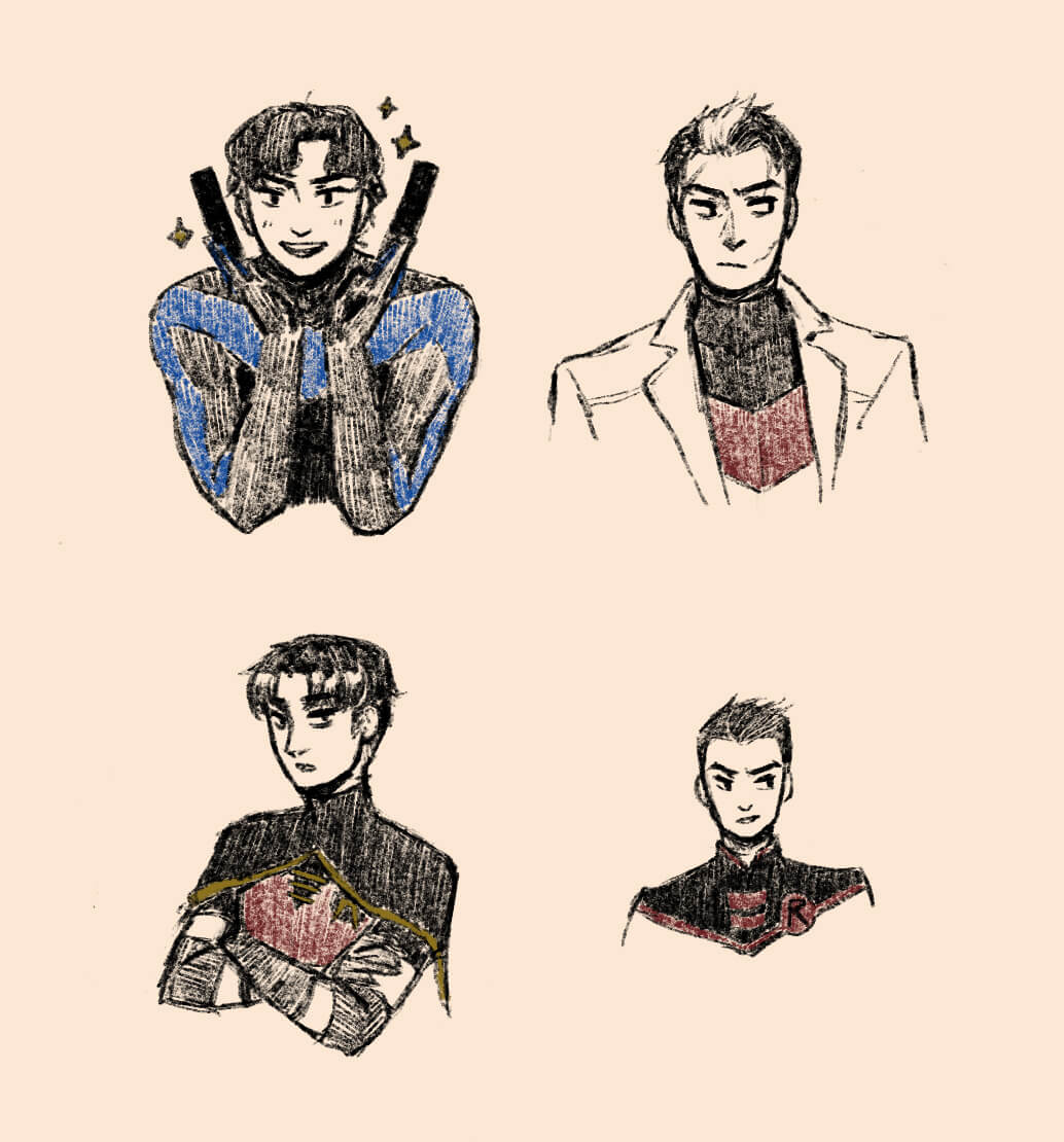 Digital sketch of four Robins: Dick smiling and doing chin hands, Jason looking annoyed, Tim looking serious with his arms crossed, and Damian looking grumpy. 