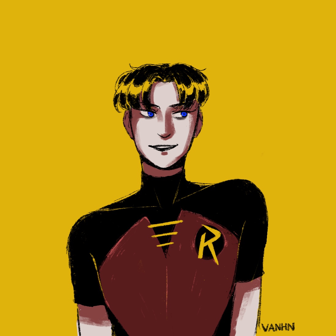 Digital drawing of Tim Drake, waist up, in his Robin outfit but sans cape. He's grinning and looking off to the side. The colours are minimal, with just his red chest plate and his blue eyes coloured, and the rest is black linework and blocks, and a bold yellow background.