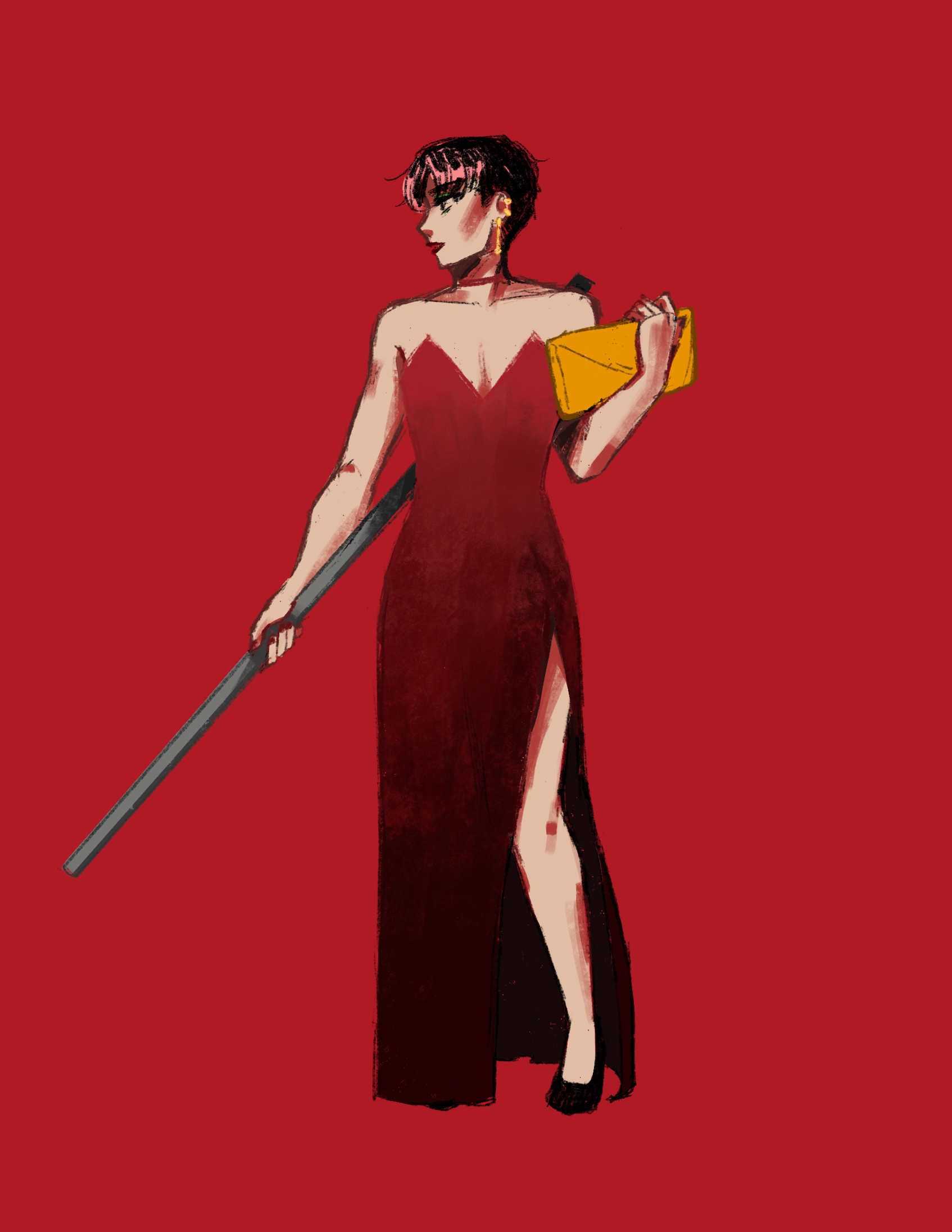 Digital drawing of Tim Drake, wearing a red floor-length dress and black heels. The dress is strapless with a V-cut and a high slit over his left leg. He's holding a yellow clutch in one arm and his bo staff in the other.