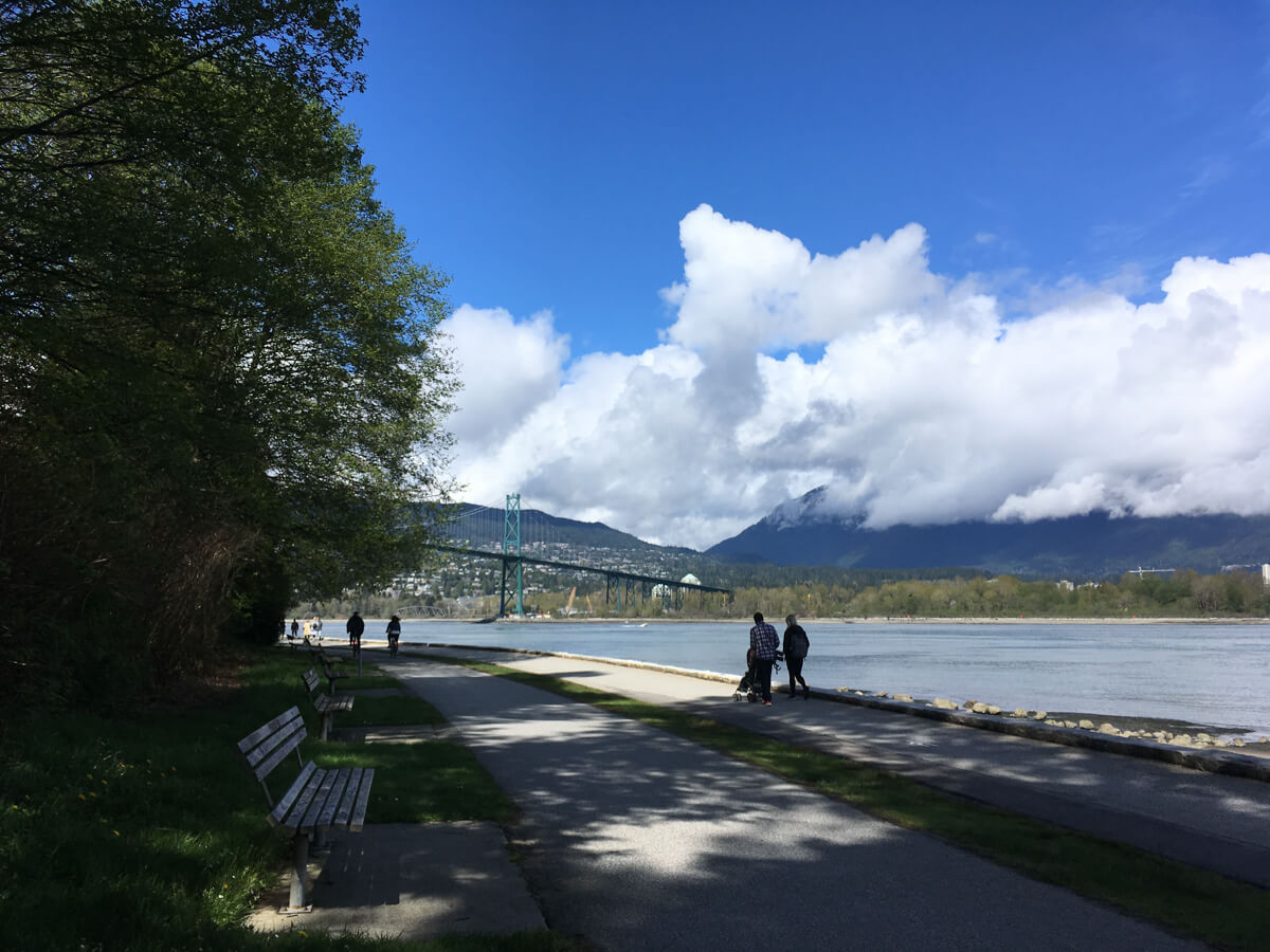 View from the Vancouver seawall, a walkway along the water. In the distance are mountains and low, fluffy clouds. In the foreground, a park bench.