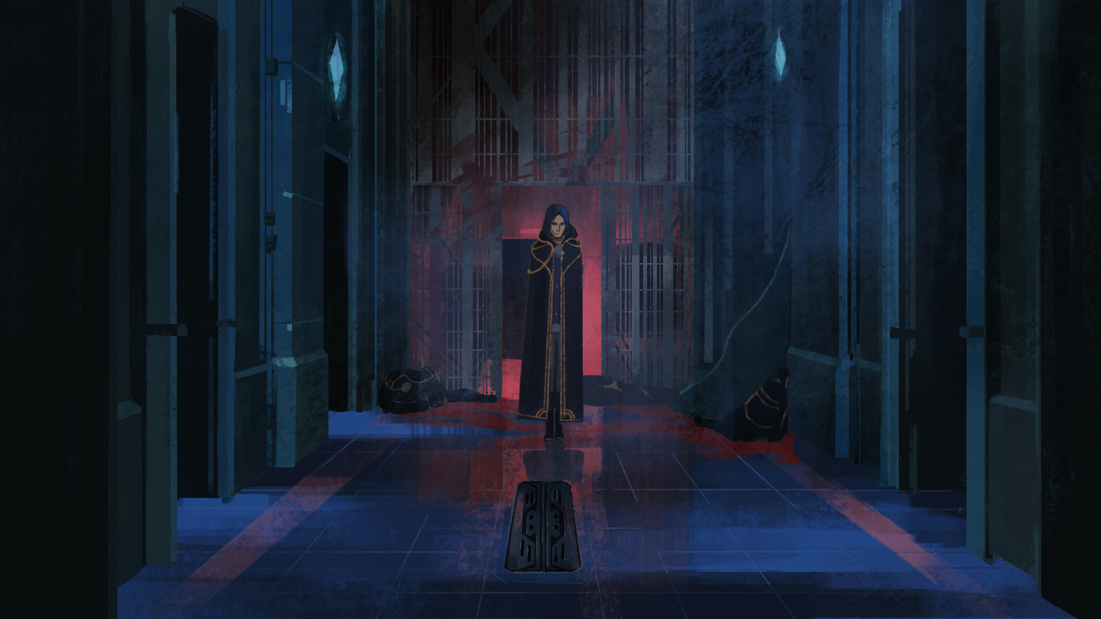 Digital painting of Arcane screenshot, where Caitlyn is standing at a doorway looking down the prison hallway. The floor is stained with blood and there are various bodies lying about.