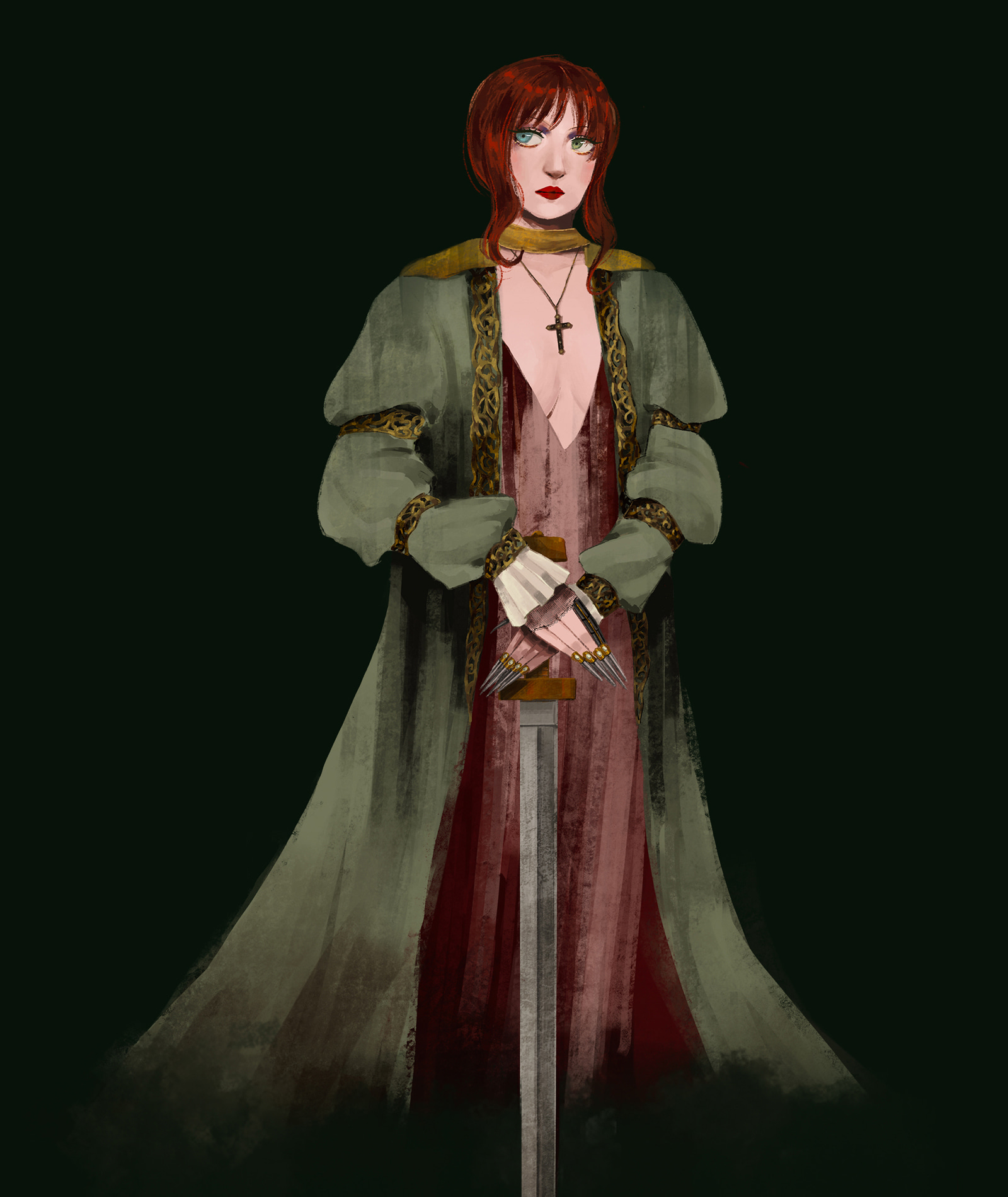 Digital painting of Chappell Roan, holding a sword. She's wearing a long green robe over a long sheer red dress. She has dramatic metal nail extensions.