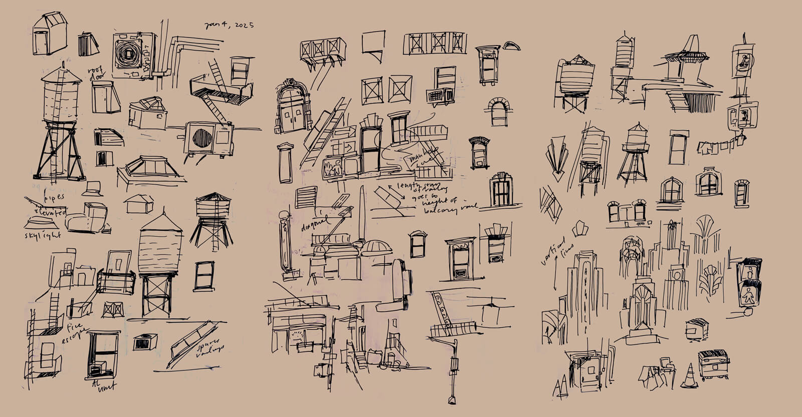 A bunch of very messy ink doodles of various urban props, such as windows, water towers, doors, balconies and fire escapes, air conditioning units, and so on; as well as some vague art deco-shaped silhouettes.