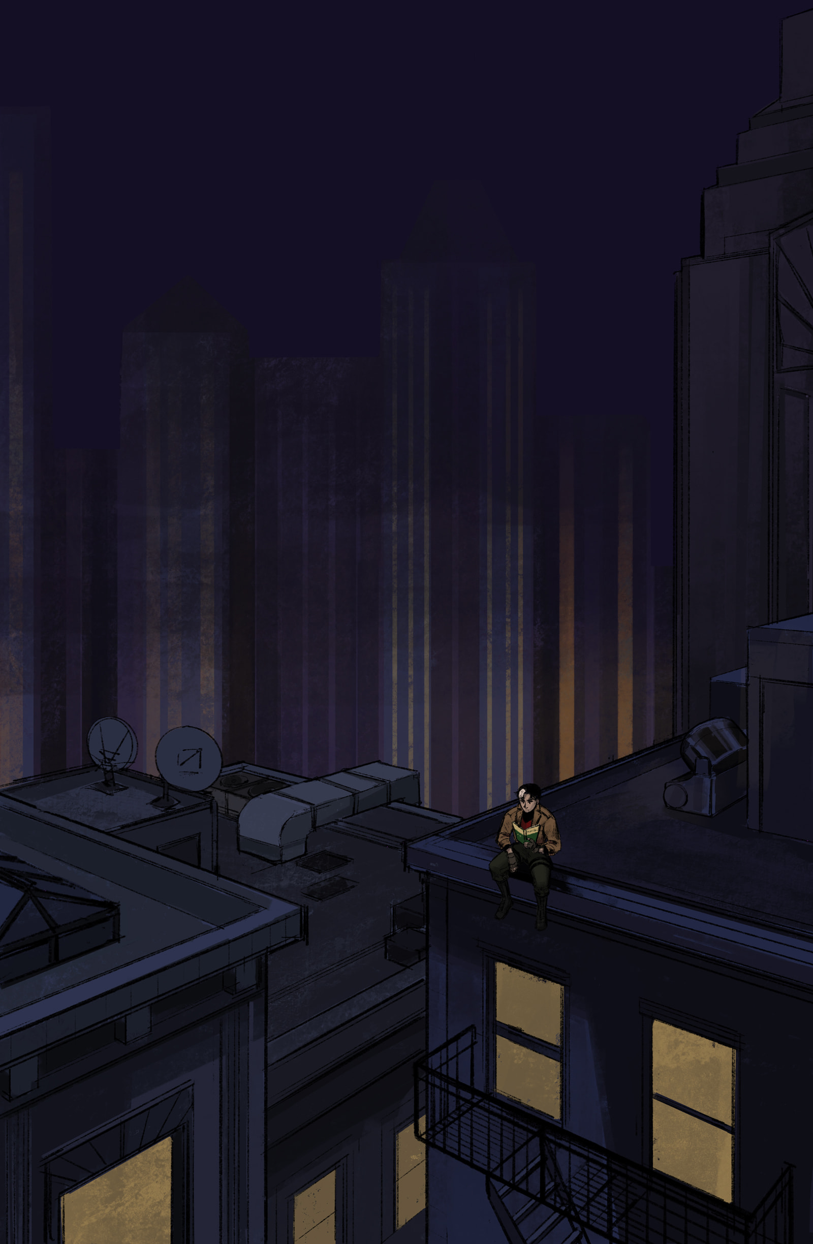 Tall digital painting of a city view. A lone figure sits on the edge of a rooftop reading a book.