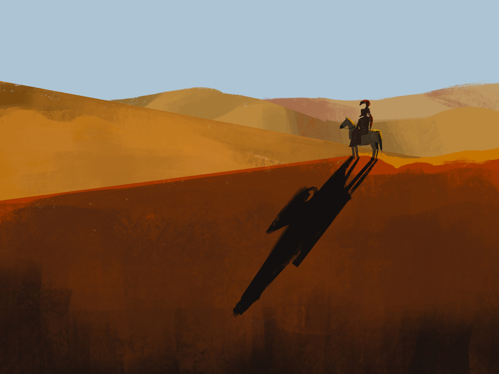 Digital painting of a lone figure on horseback stands on a sandy dune, looking out at the vast desert.