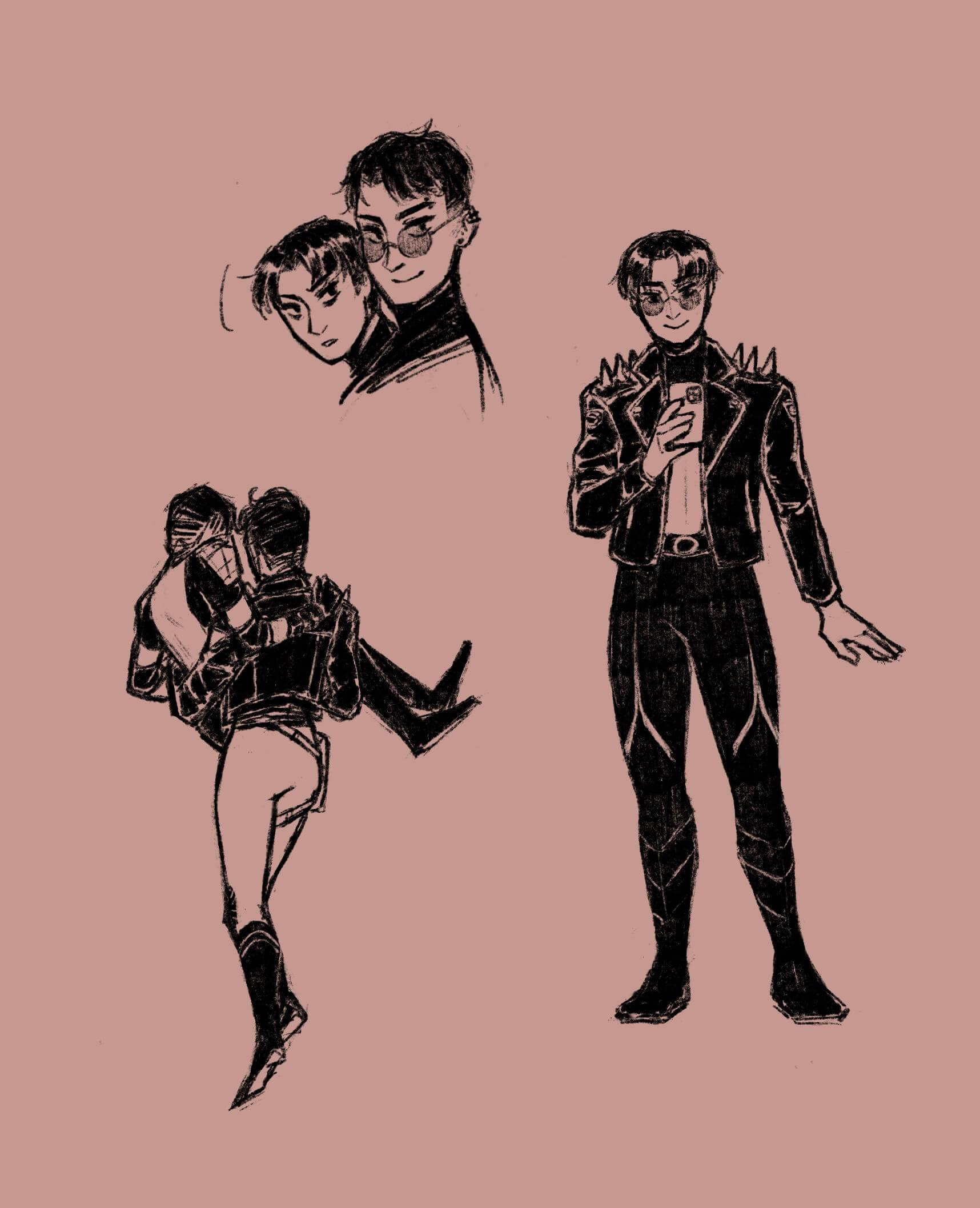 A few sketches: Tim Drake and Conner Kent headshots; Tim wearing Conner’s sunglasses and jacket over his Robin suit and taking a mirror selfie; and a back view of Conner carrying Tim in his arms like a princess.