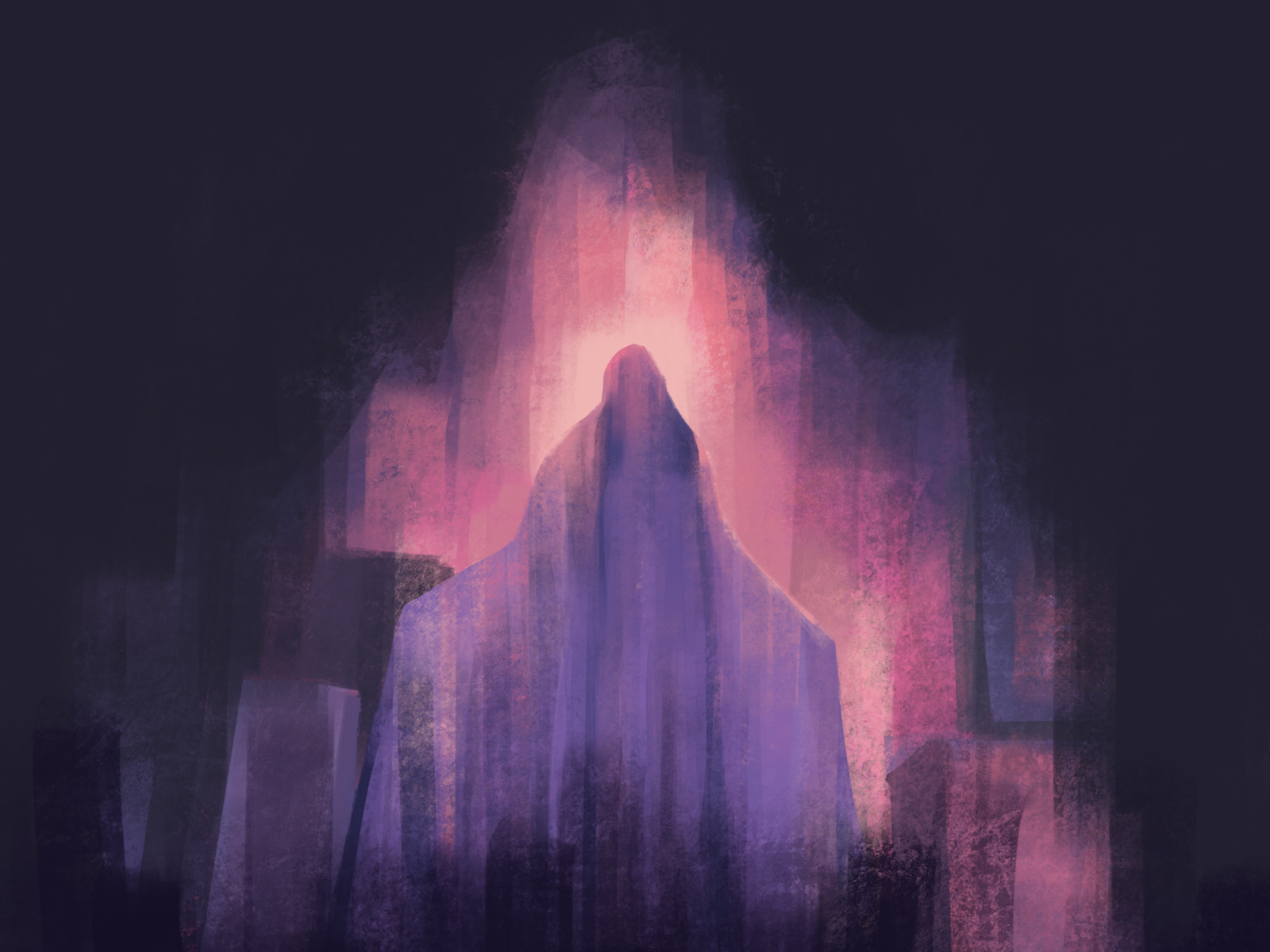 Digital painting of a tall statue of a vaguely humanoid figure entirely veiled in some cloth, arms outstretched. It's backlit by soft yellow and pink light.