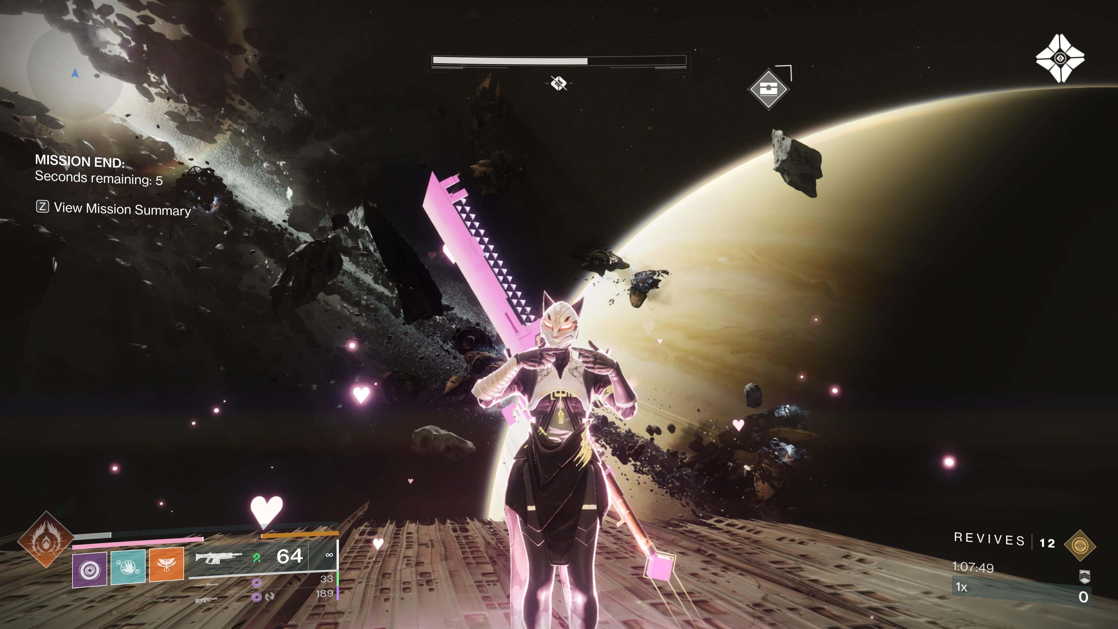 My Destiny 2 warlock emoting cutely with floating pink hearts on the Dreadnaught. Saturn looms closely in the background.