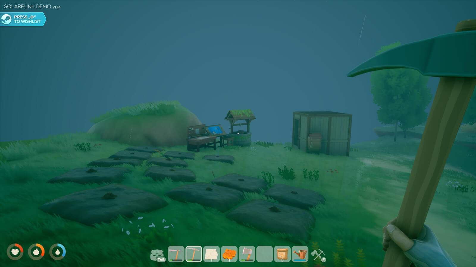 A grassy field with various plots of crops growing. There's a crafting table, well, and small square building nearby.