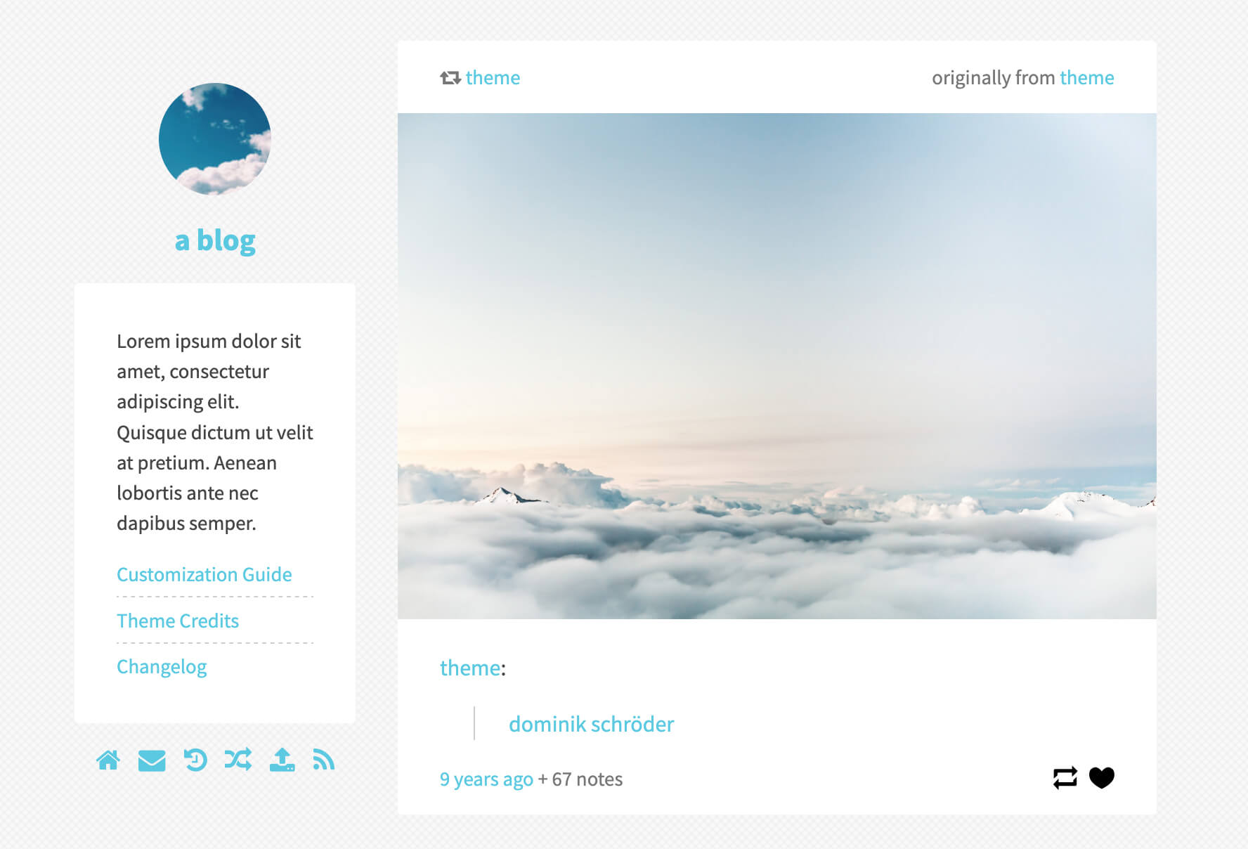 Screenshot of a two-column tumblr theme in a white and blue colour scheme. There’s a sidebar with an icon and description, and the main post body, which features a photograph of clouds and sky, dated 9 years ago.