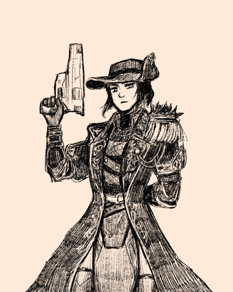 Digital sketch of a Destiny 2 warlock, sans helmet but wearing a cowboy hat with one side of the brim folded up. She's holding up a sidearm in one hand and has the other arm behind her back. She's wearing a long fancy jacket from Solstice and looking down at the viewer.