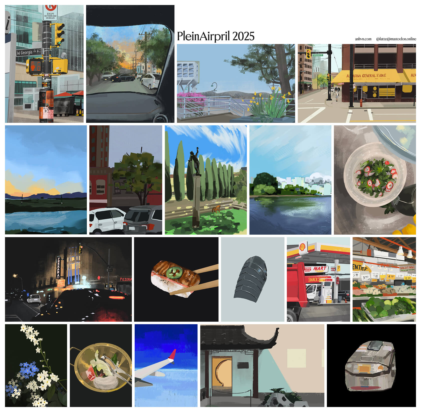 Compilation of last month's digital paintings, featuring various landscapes, streets, objects, and food.