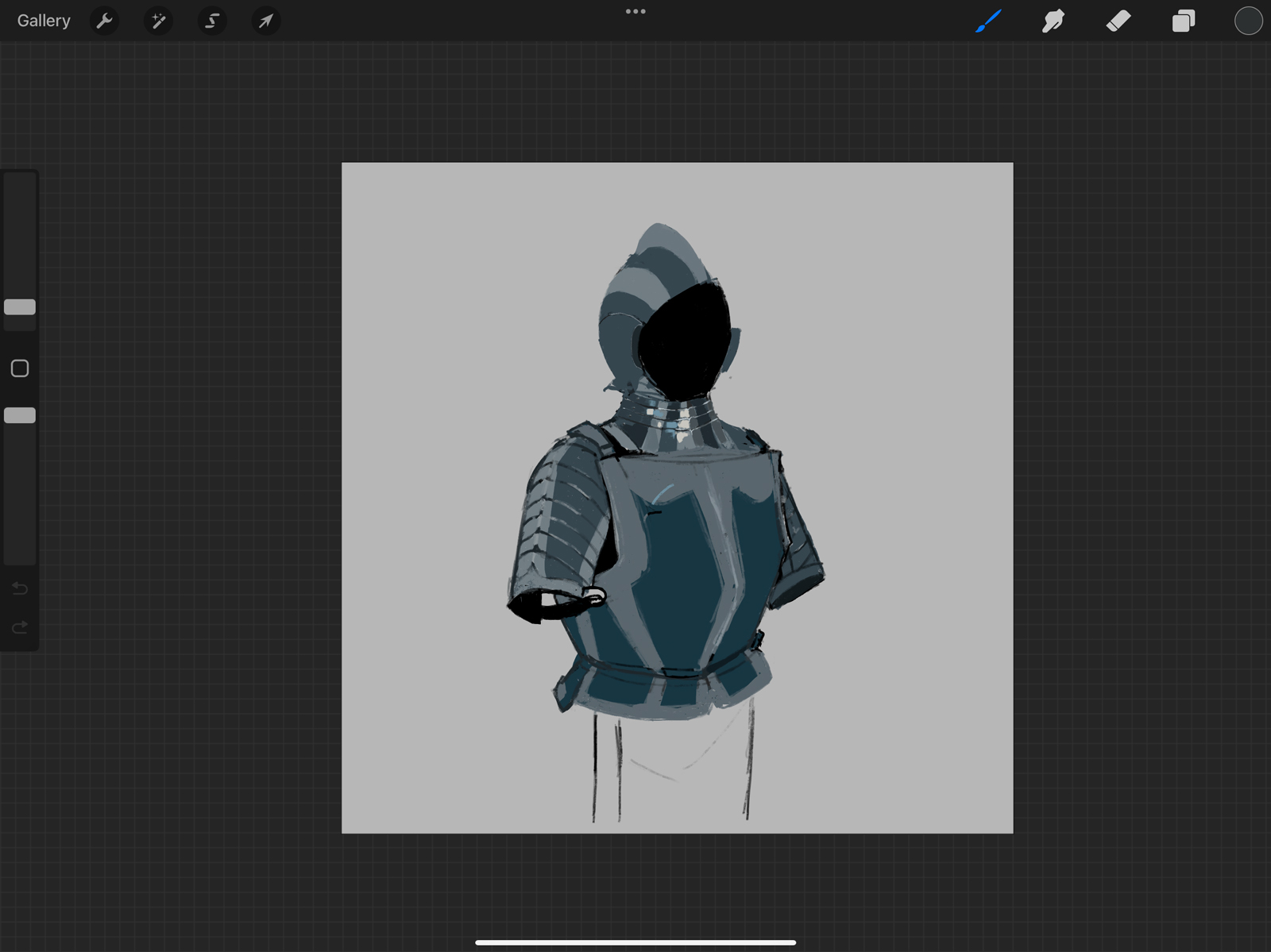 Unfinished digital sketch of a suit of armour, waist up.