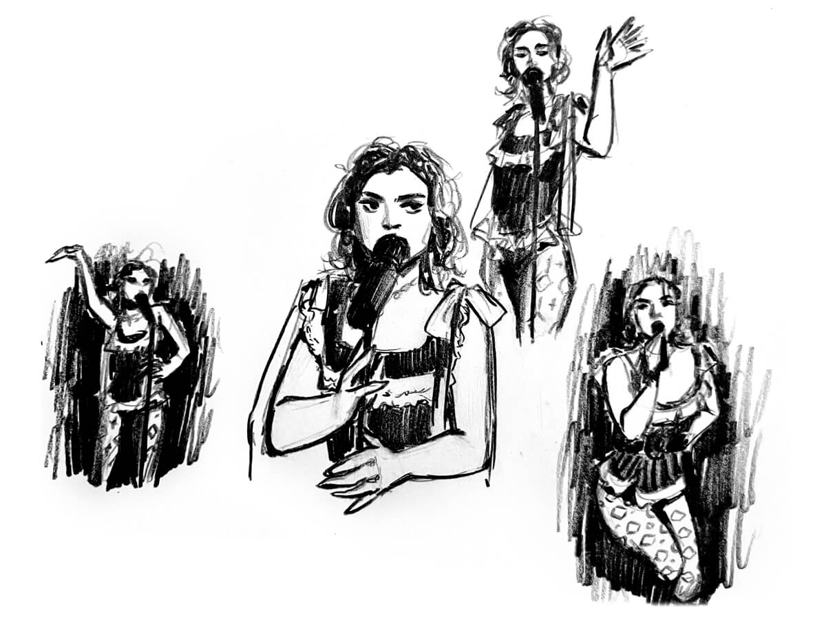 Pencil sketches of a singer posed with a microphone, referenced from a performance video.