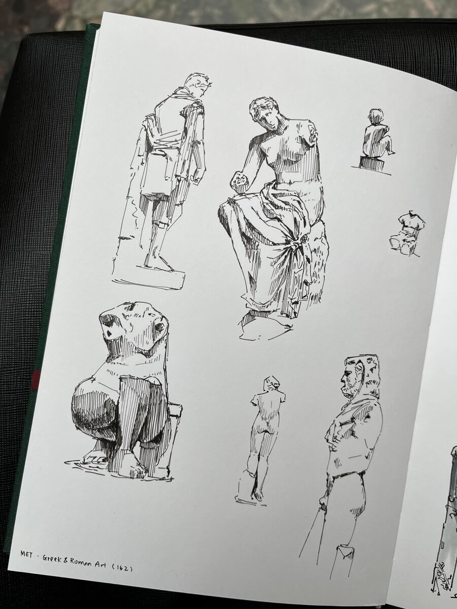 Sketch closeups, featuring various figures and busts, drawn in ink and cross hatched