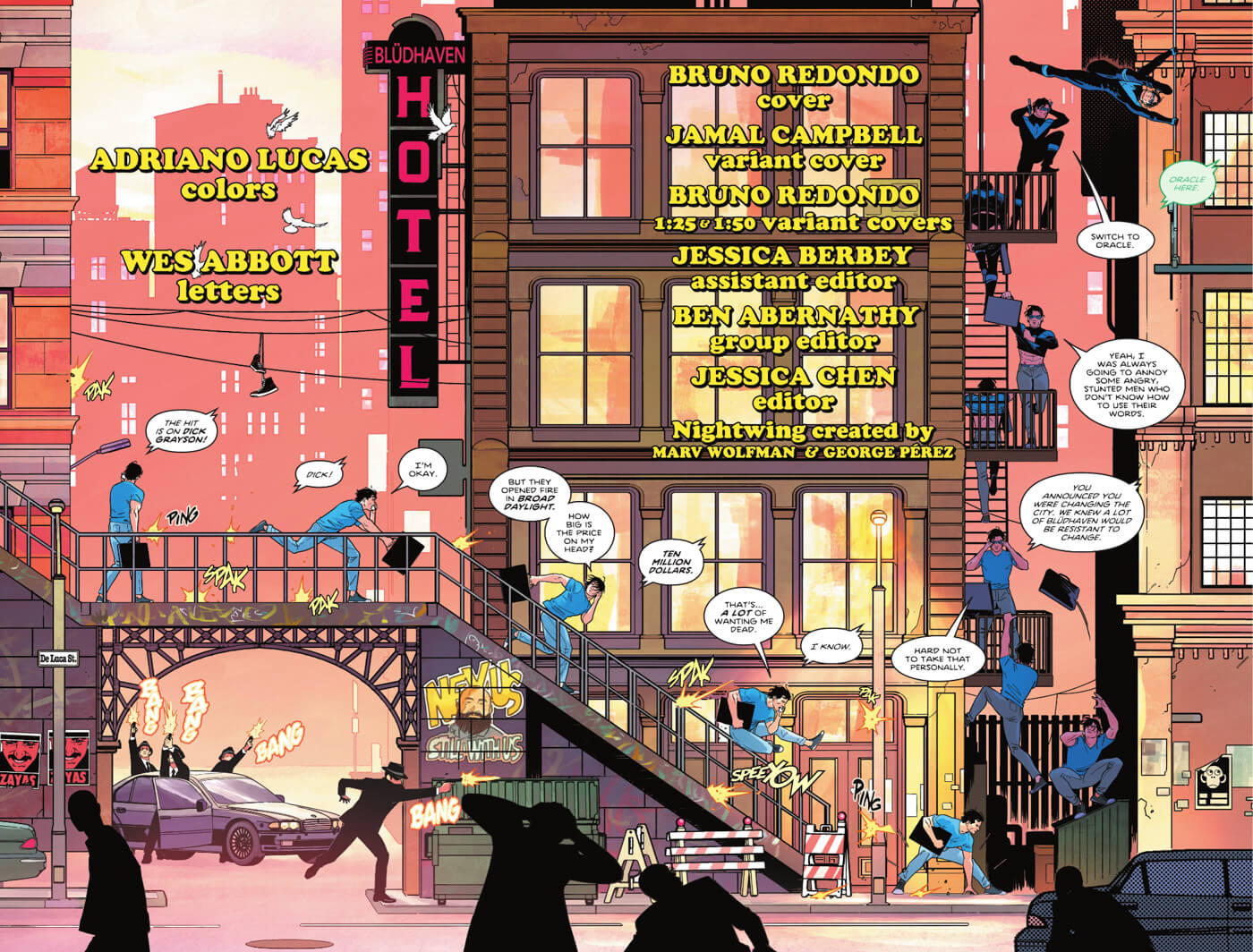 Two-page comic spread of a street, where Dick Grayson is drawn a dozen times across the panel, running down the street and up a fire escape, changing into his Nightwing costume.