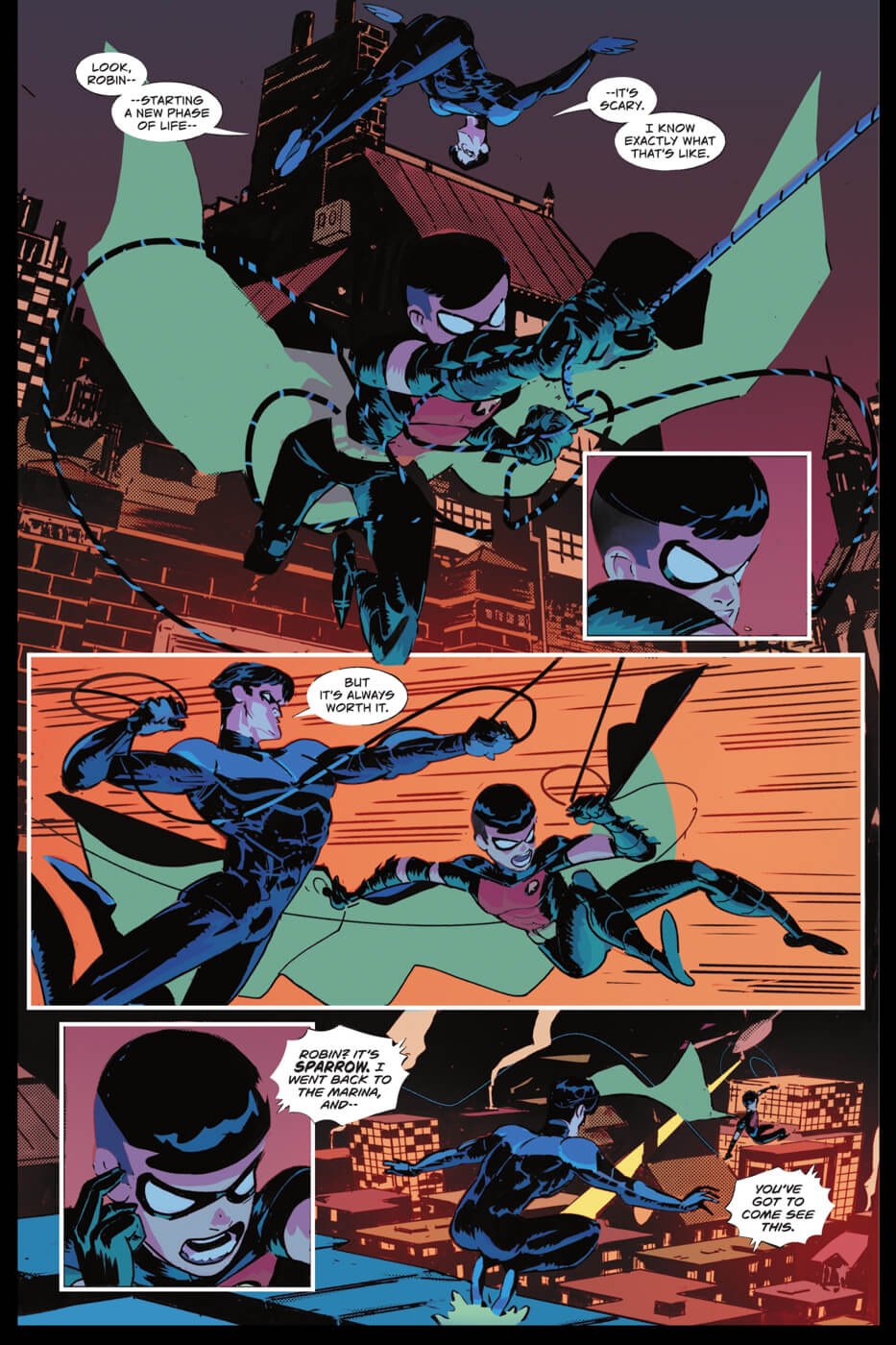 Comic page of Robin and Nightwing swinging through the city. Their figures and faces are quite stylized.