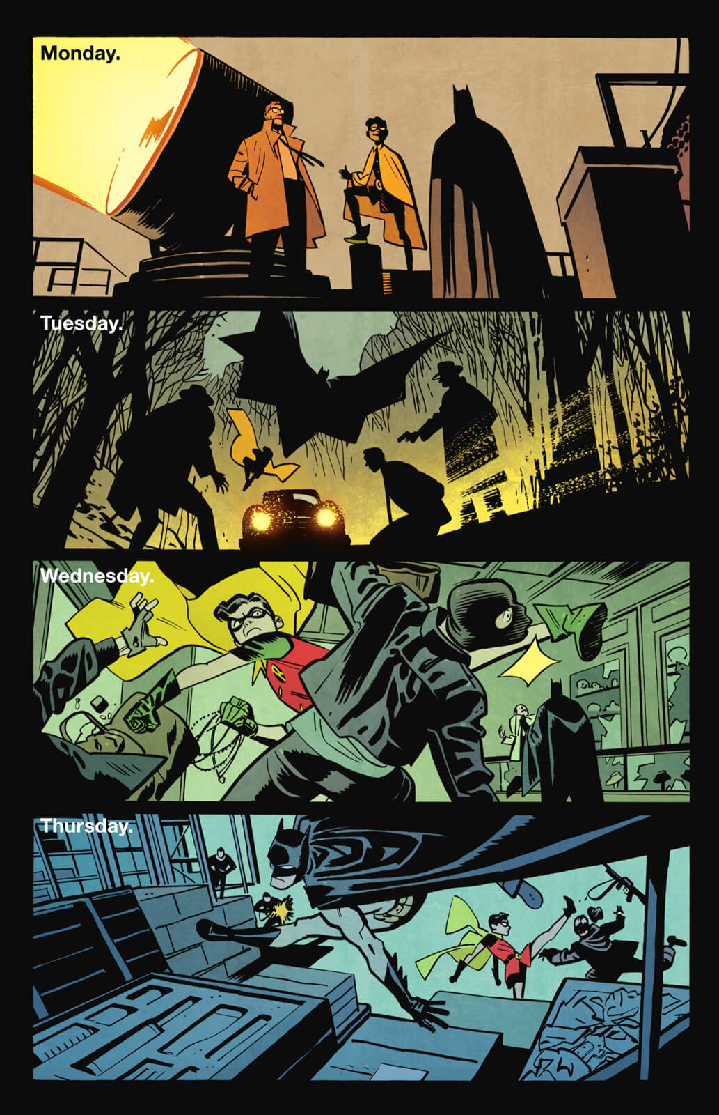 Comic page. Four panels showing Monday to Thursday of Batmand and Robin fighting bad guys. The artwork has expressive lines and heavy black shadows.