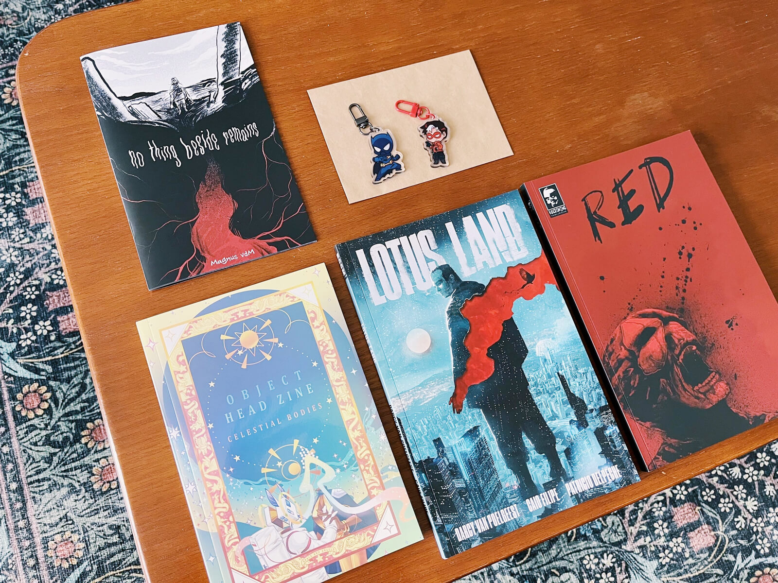 Four zines/comic books, as well as two acrylic charms. Book names: No Thing Beside Remains, Object Head Zine: Celestial Bodies, Lotus Land, and RED.