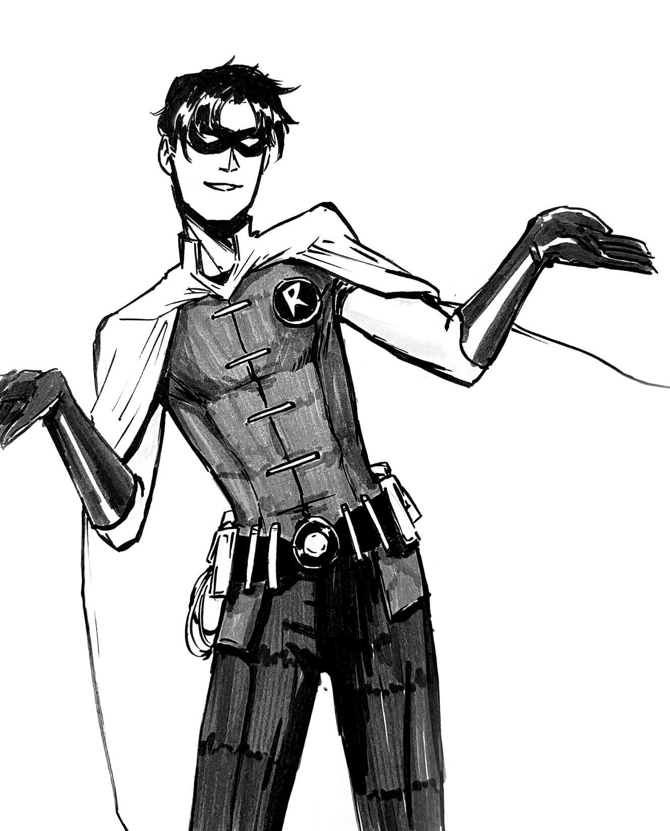 Ink sketch of Dick Grayson as Robin shrugging