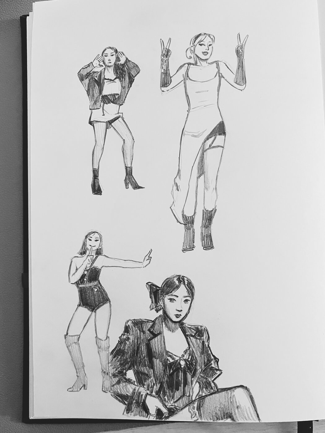 Pencil sketches of some TWICE members dancing and posing, from the music video