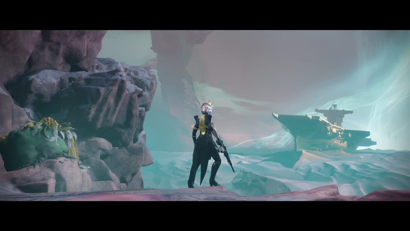 Game screenshot. My guardian standing under a cosmic pink sky, with mint green wisps of energy flowing around. In the distance is the silhouette of a huge ship in the sand.