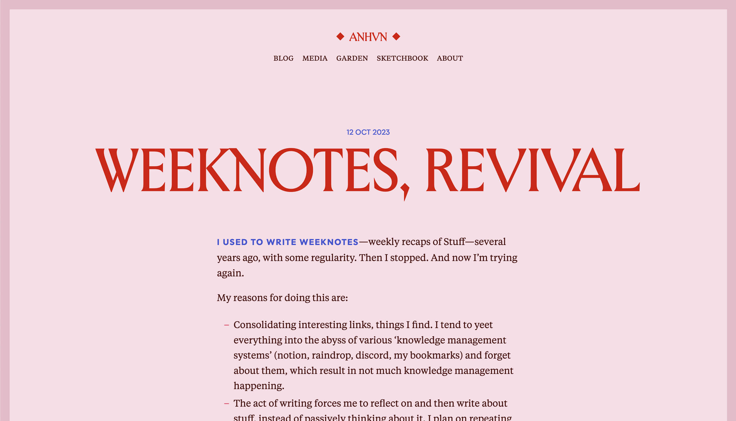 A blog post. The page design features a soft pink background, with large red title text and a serif body font.