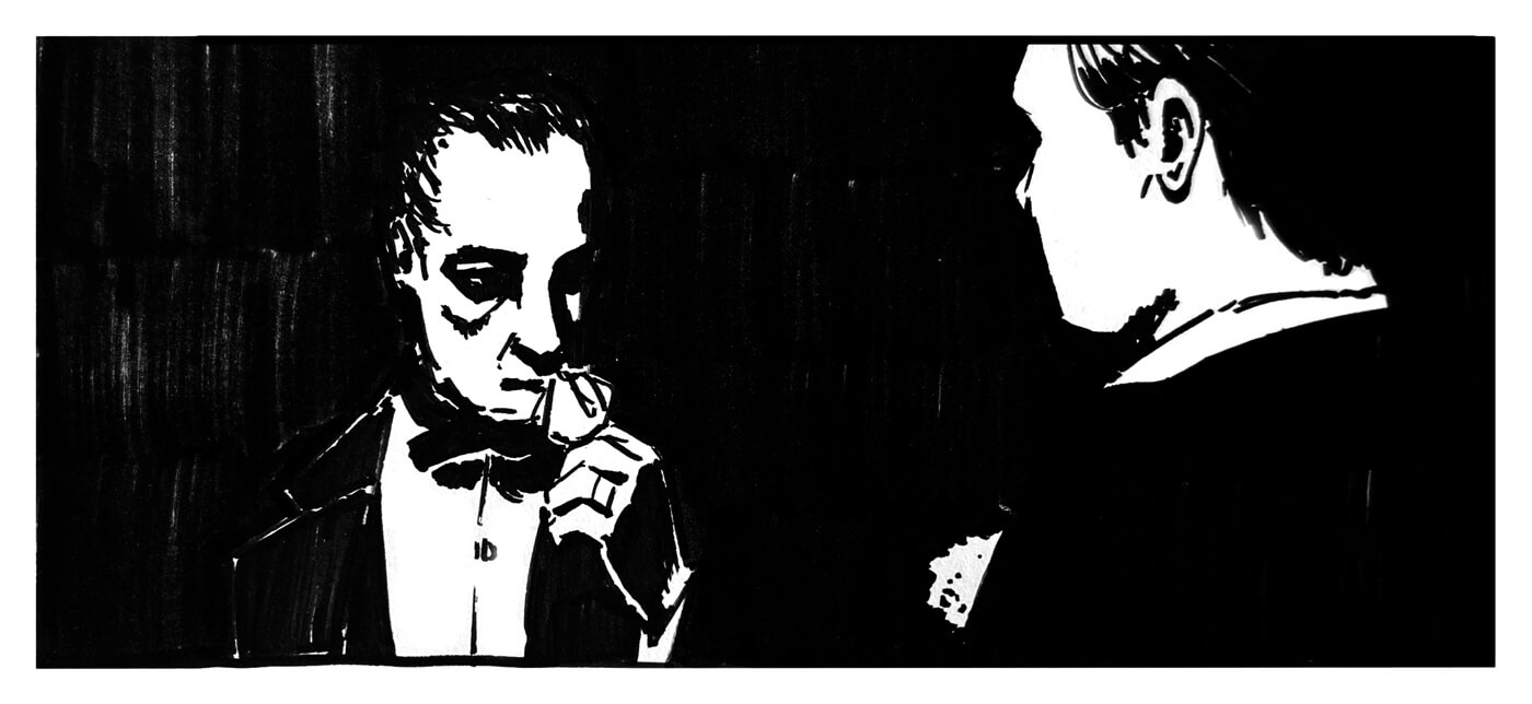 Ink sketch of a frame from The Godfather: Vito holds a flower to his face, and Tom stands across from him. The sketch is heavily shaded in black ink.