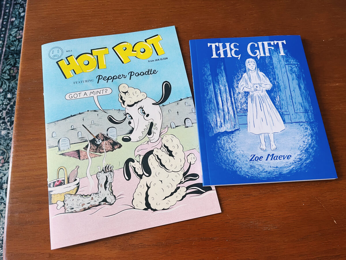A zine called 'Hot Rot', featuring a cartoon poodle that appears to have buried a body; a short comic titled 'The Gift', with a girl taking a photo of herself in a mirror in a dark room.