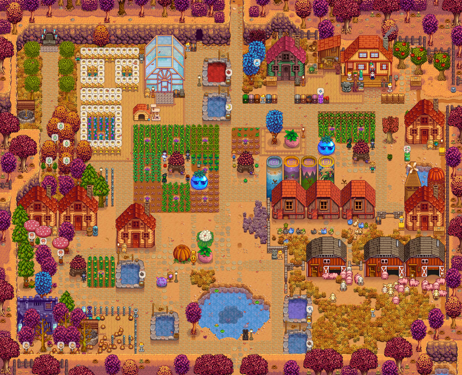 Stardew farm in the fall, with a bunch of growing crops, a corner of many farm animals, and a bee house section.