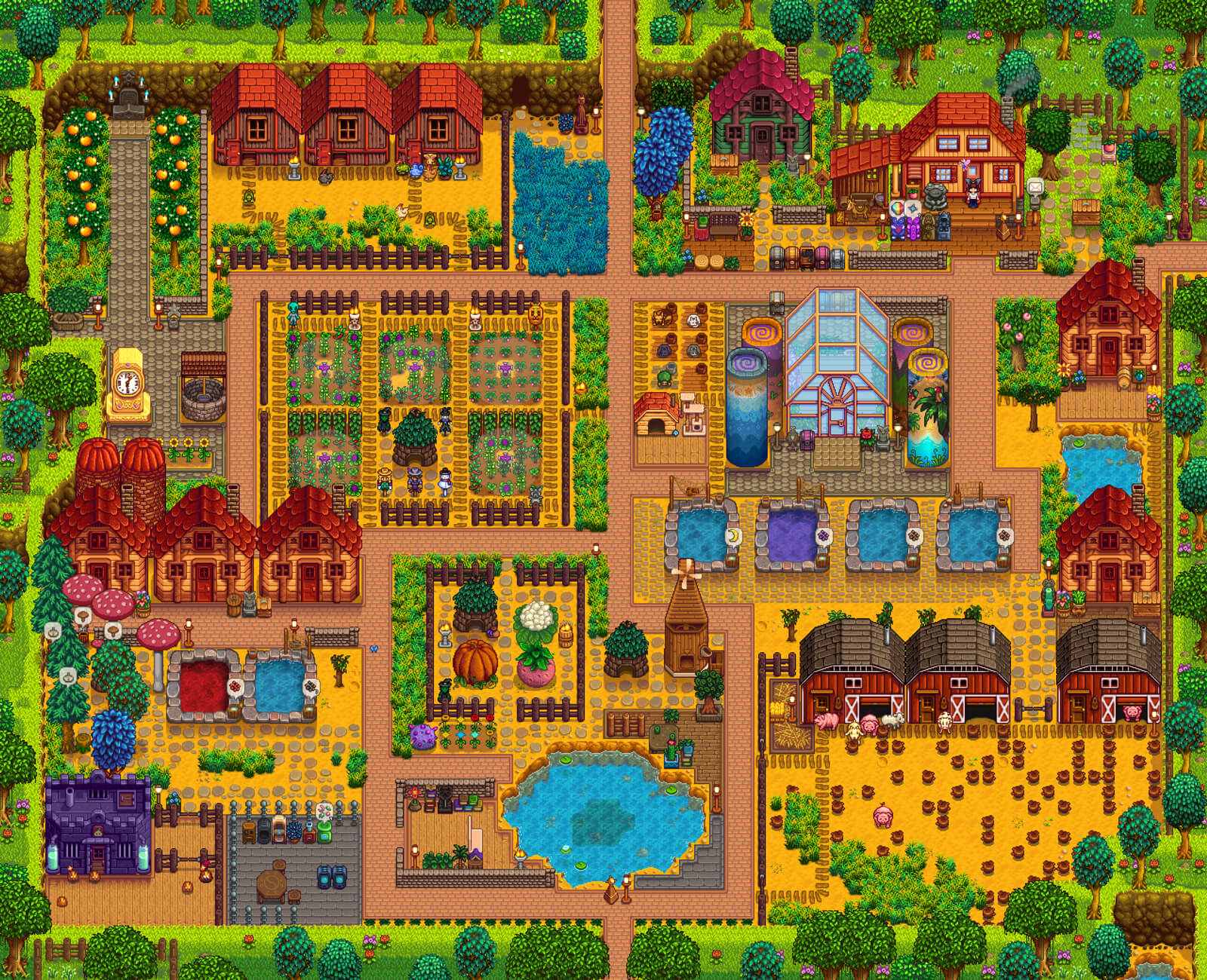 Stardew farm. Most areas have floor and path tiles. It's organized into sections like animals, greenhouse, crops, and so on.