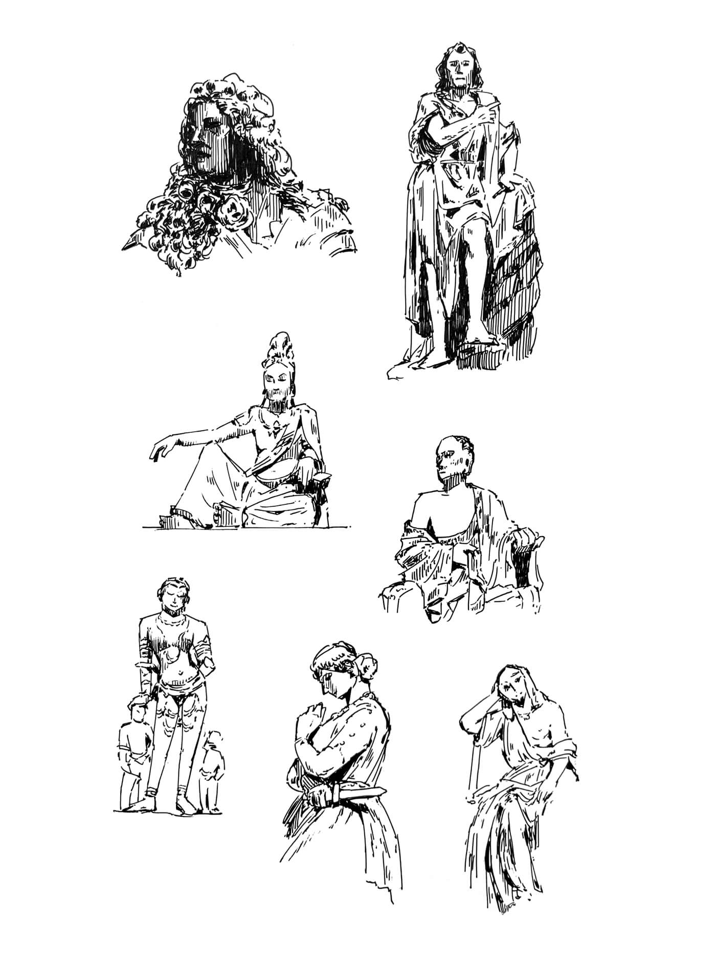 Closeup of ink sketches of various American and Asian sculptures, including: a bust of Louis of France, Medea, and an Arhat.