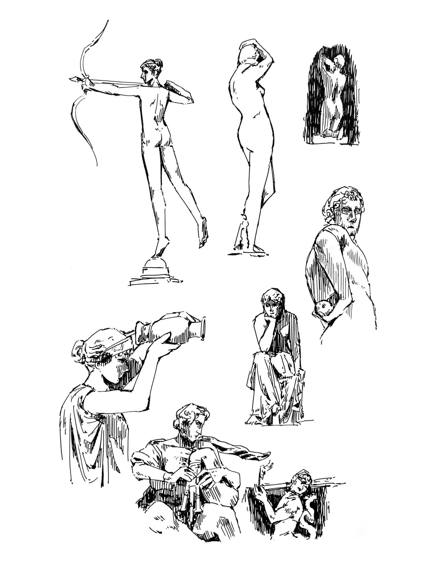 Closeup of various ink sketches, including: Antigone pouring water, Diana drawing a bow, and Paris holding an apple.