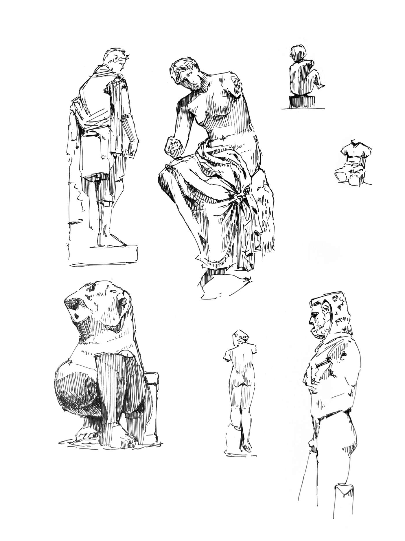 Sketch closeup. They're drawn in ink and shaded with parallel hatching. The sculptures are all viewed from different angles.