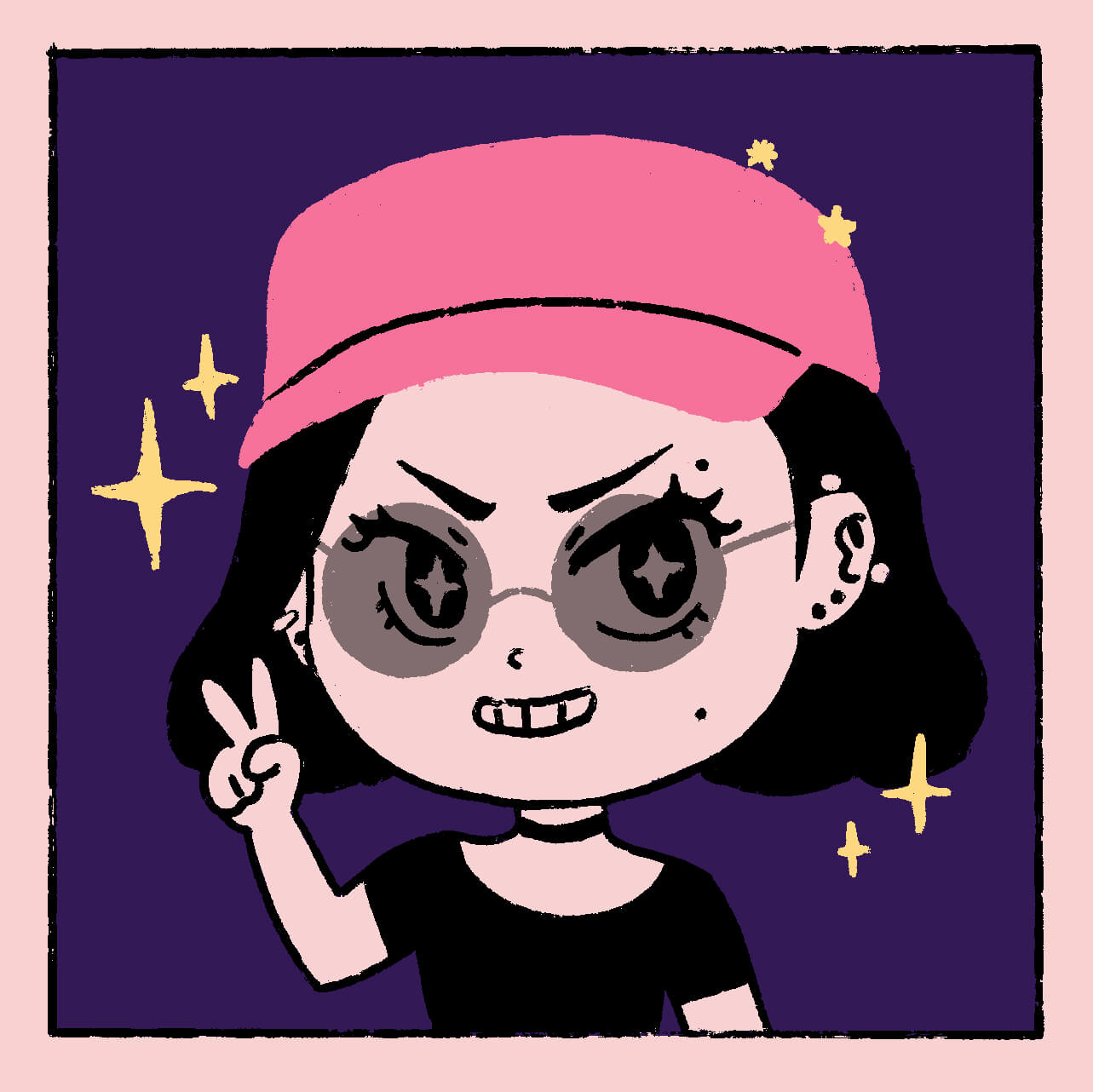 Me winking and smiling, saying “No (heart emoji)”. I’m wearing orange heart-shaped glasses and a cardigan.