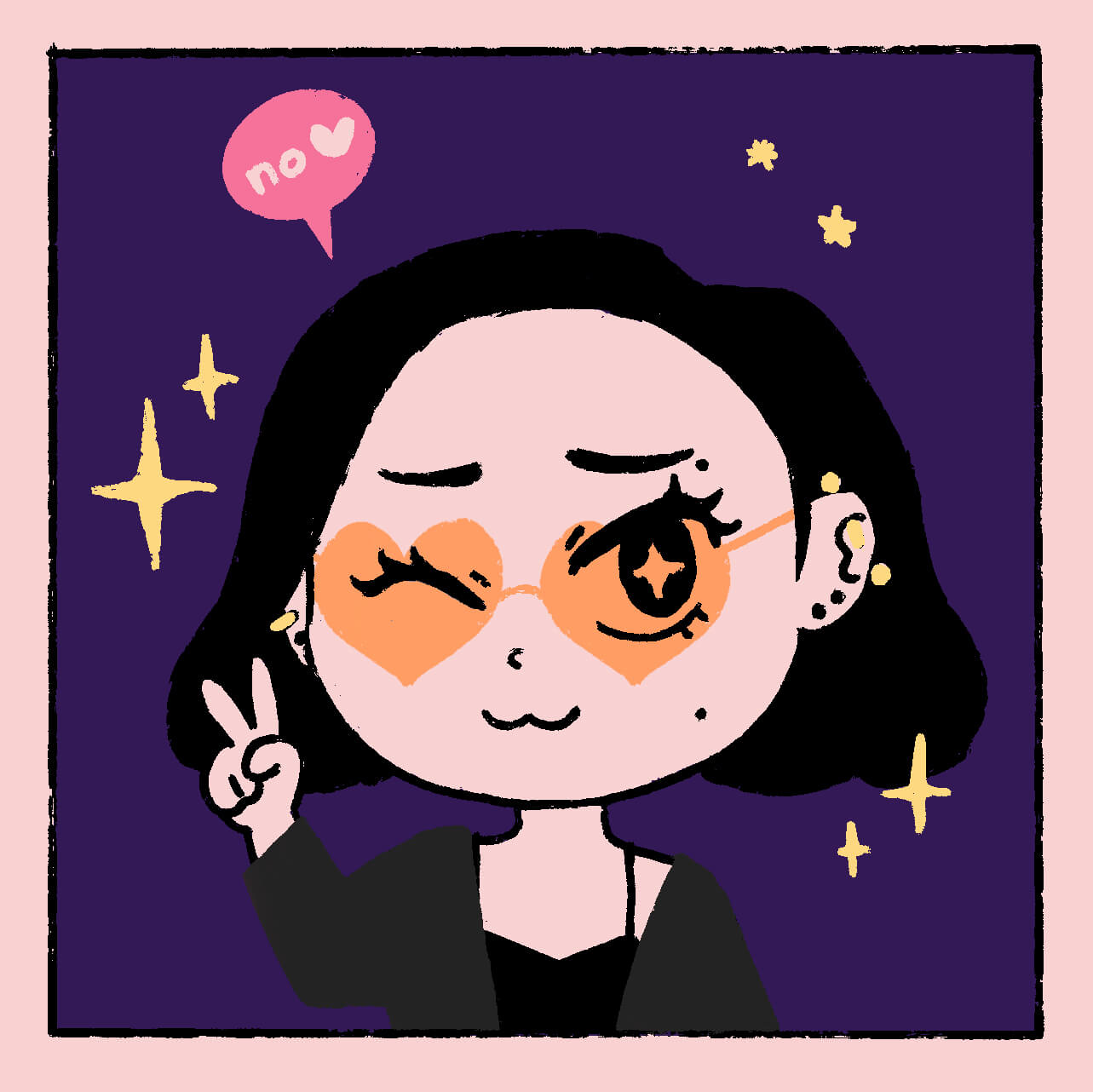 Me grinning, wearing a pink cap, round sunglasses, a choker, and short-sleeved top.