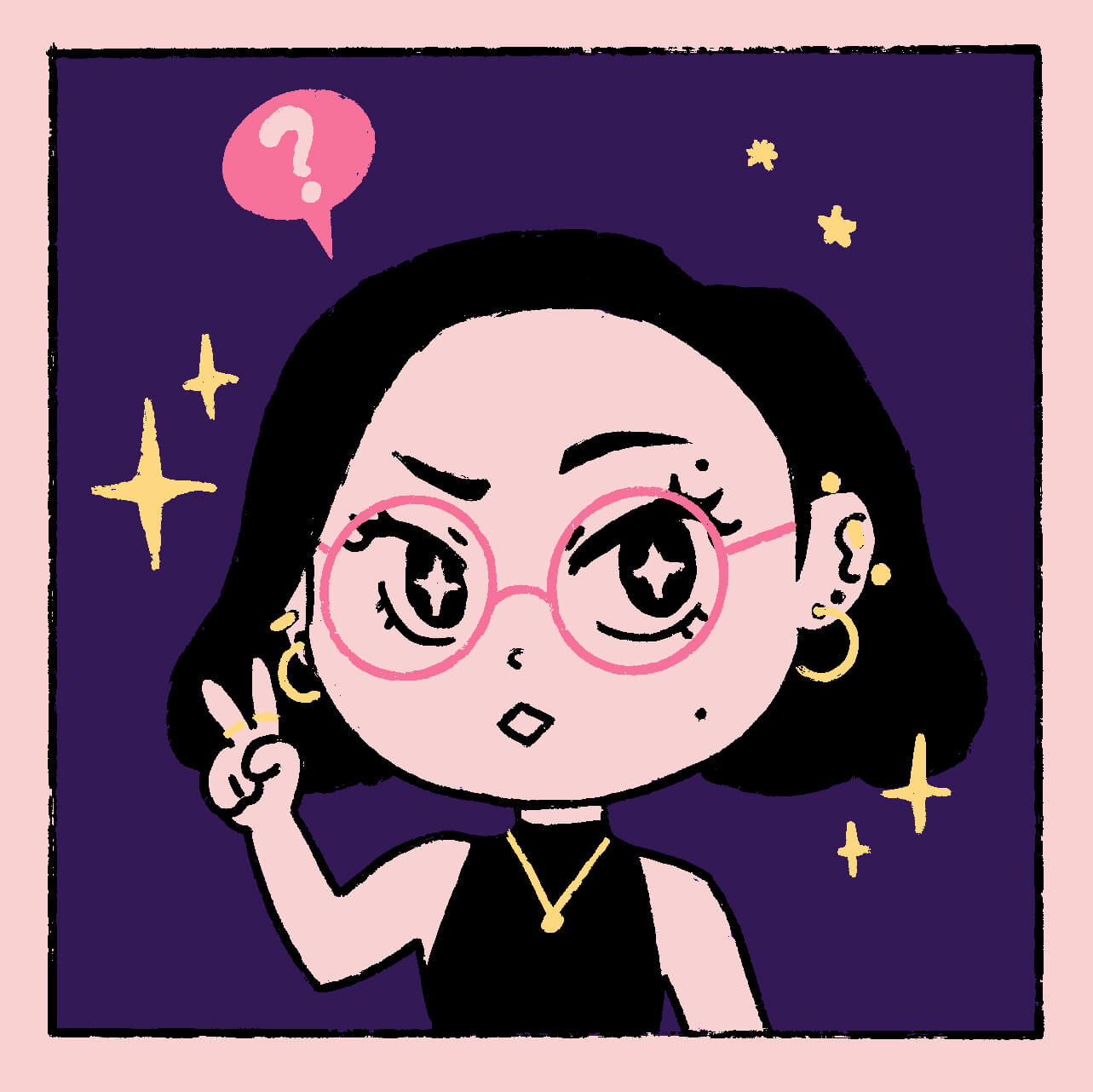 Me with a raised eyebrow and quizzical expression, wearing pink glasses and a sleeveless top.