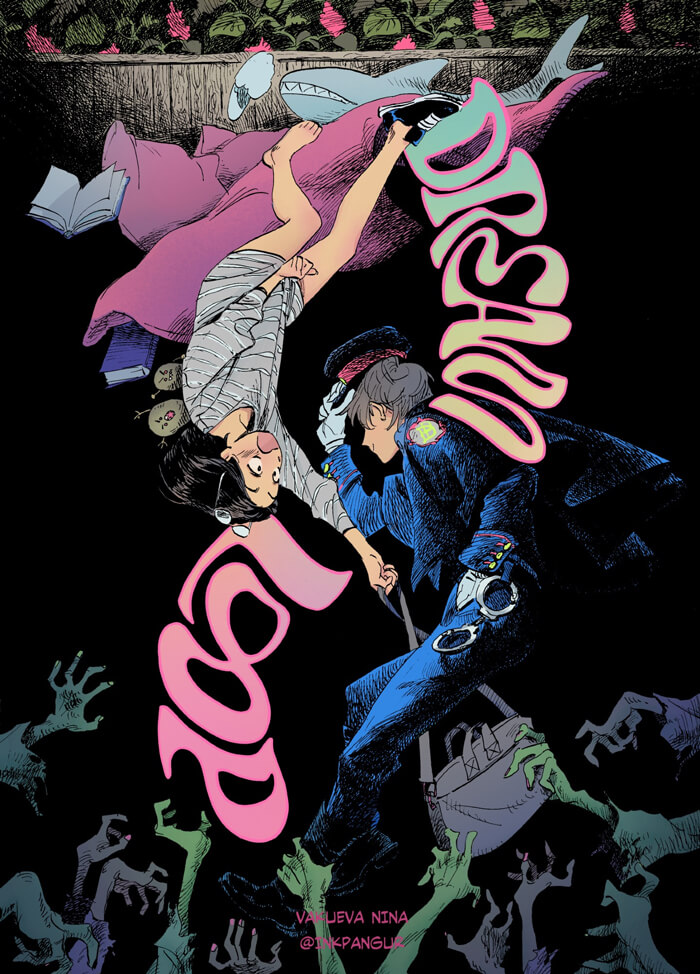 A girl and a mysterious police guy twirl around each other in a yin yang pose, surrounded by strange dream-like details (like zombie hands?)