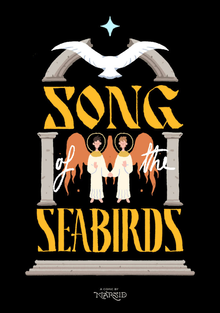 Two angels hold hands, under a flying dove.