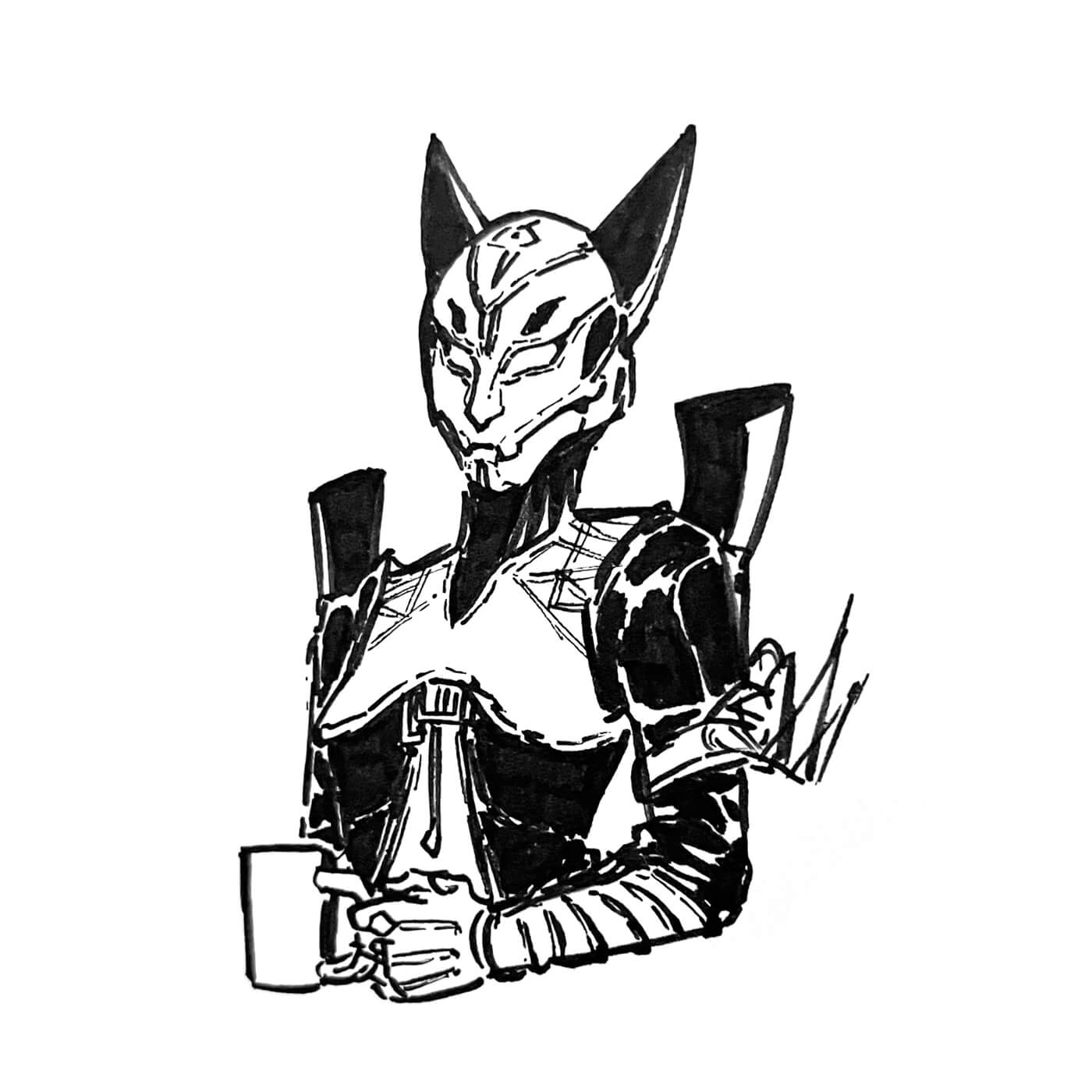 Ink sketch of my Destiny warlock, wearing the cat ears helm, Vow chest armour, and holding a cup of coffee.