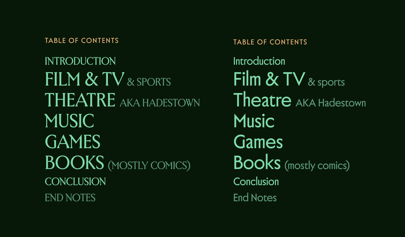 Mockup of my table of contents in two different fonts, styled in green text on a dark green background. The contents are: Introduction, Film & TV (& sports), Theatre (AKA Hadestown), Music, Games, Books (mostly comics), Conclusion, and End notes.