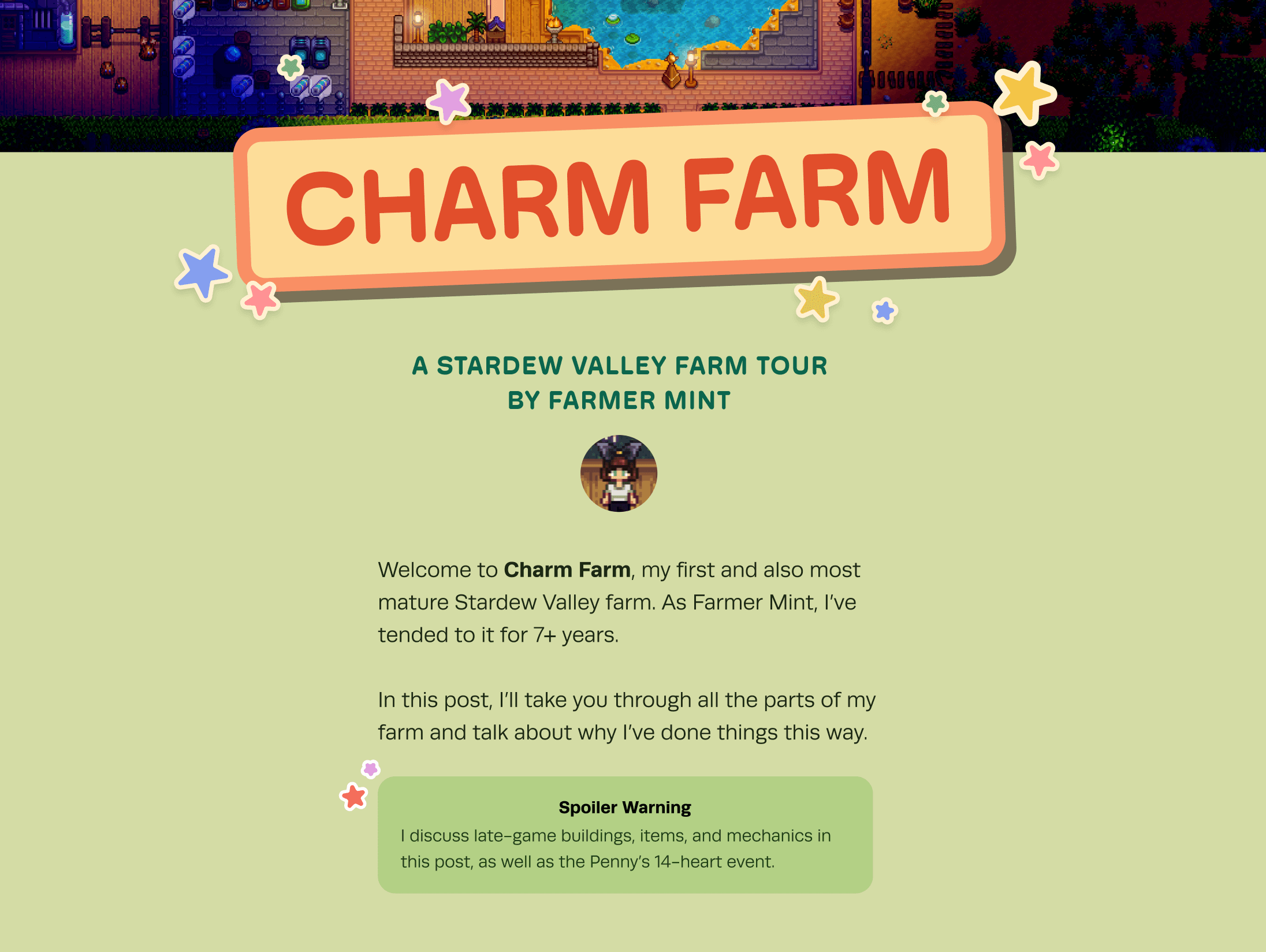 Stardew blog post intro section, with a bold ‘Charm Farm’ title, cute floating decorative stars, and a spoiler warning.