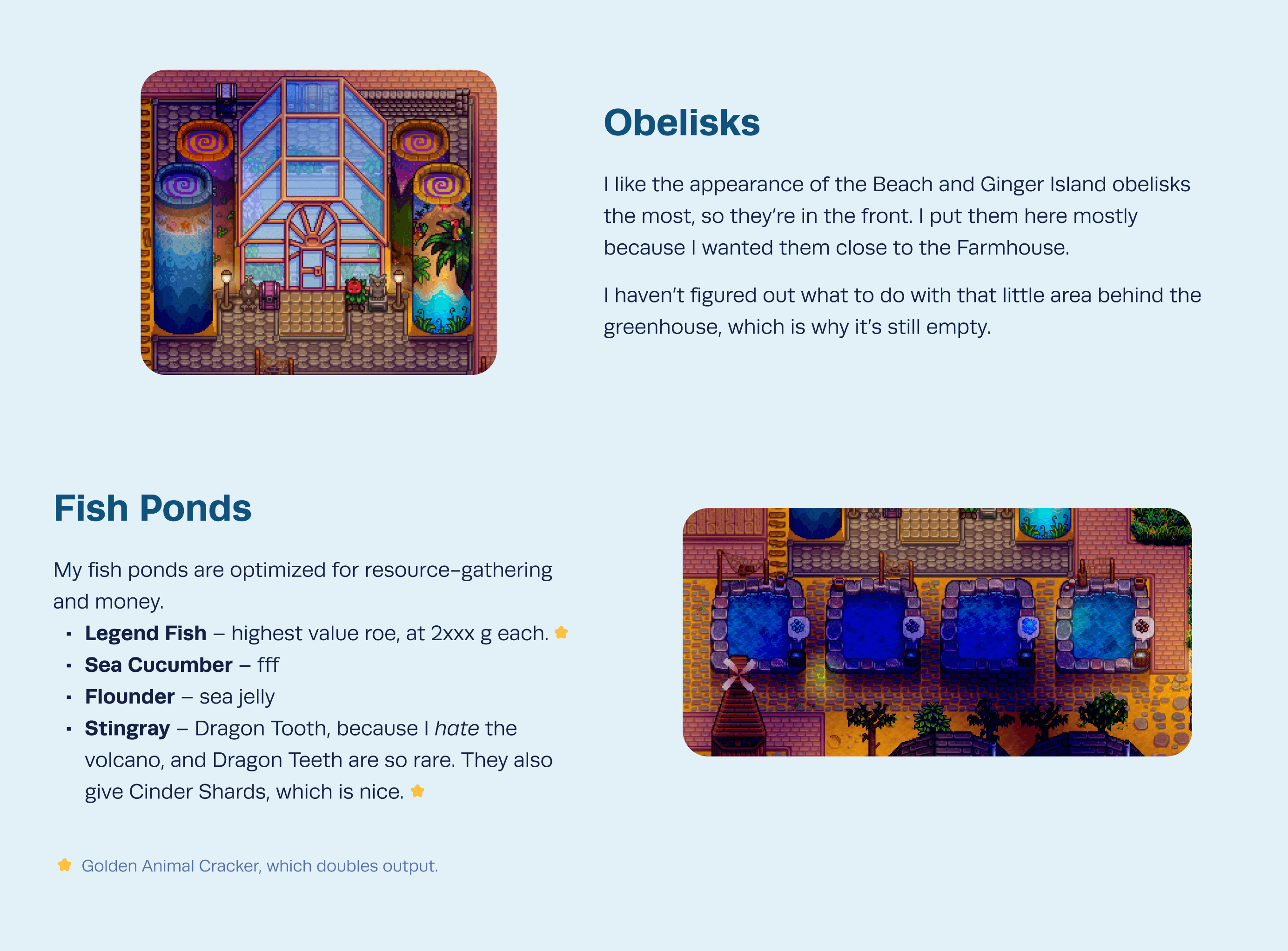 Blog snippet explaining my obelisks and fish ponds.