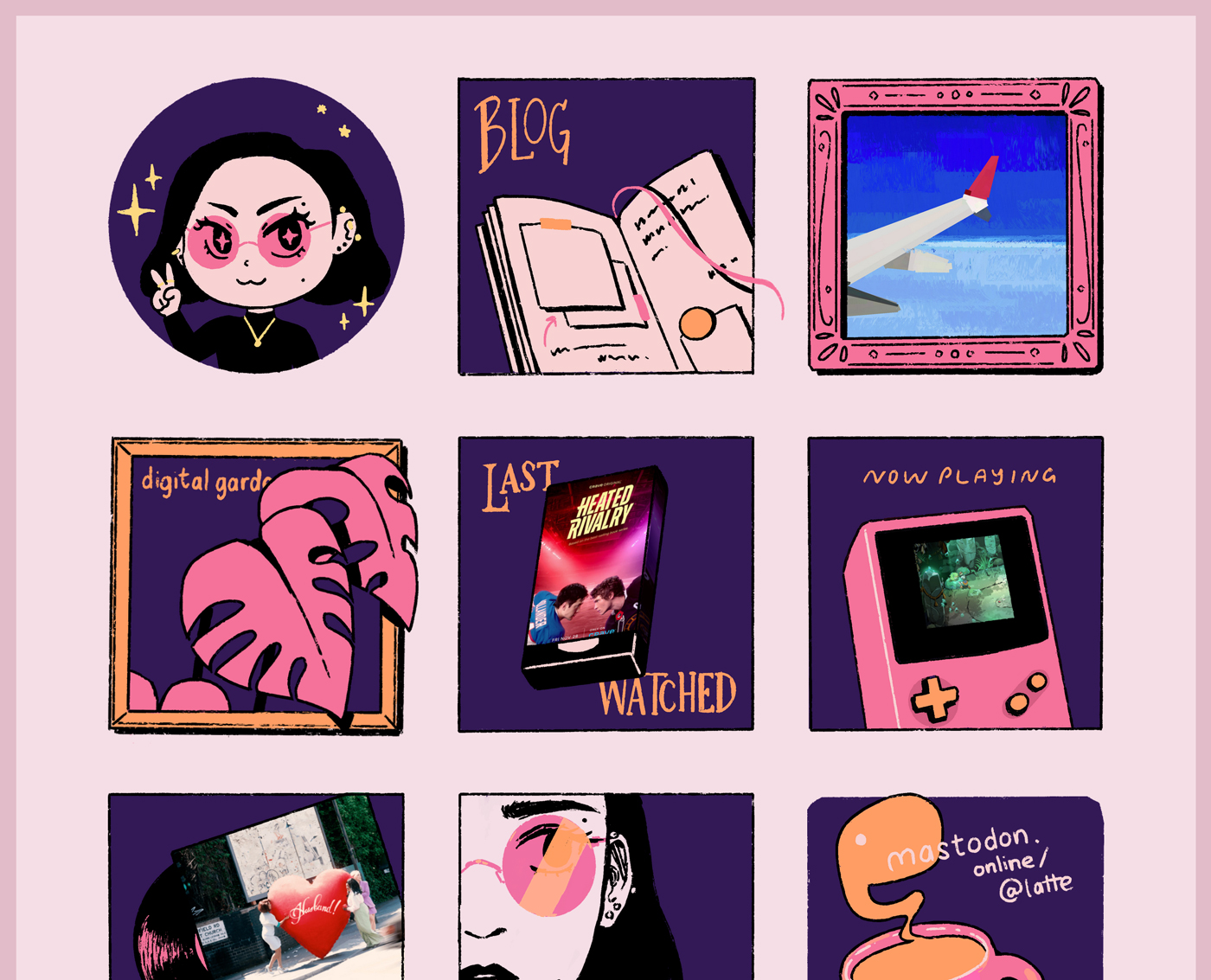 A three by three grid of squares, where each illustrated 'tile' depicts a different section on my website. For example, my blog is a notebook; my last watched shows a VHS tape with a show poster; my games page is a screenshot of Hades 2 in a Gameboy.