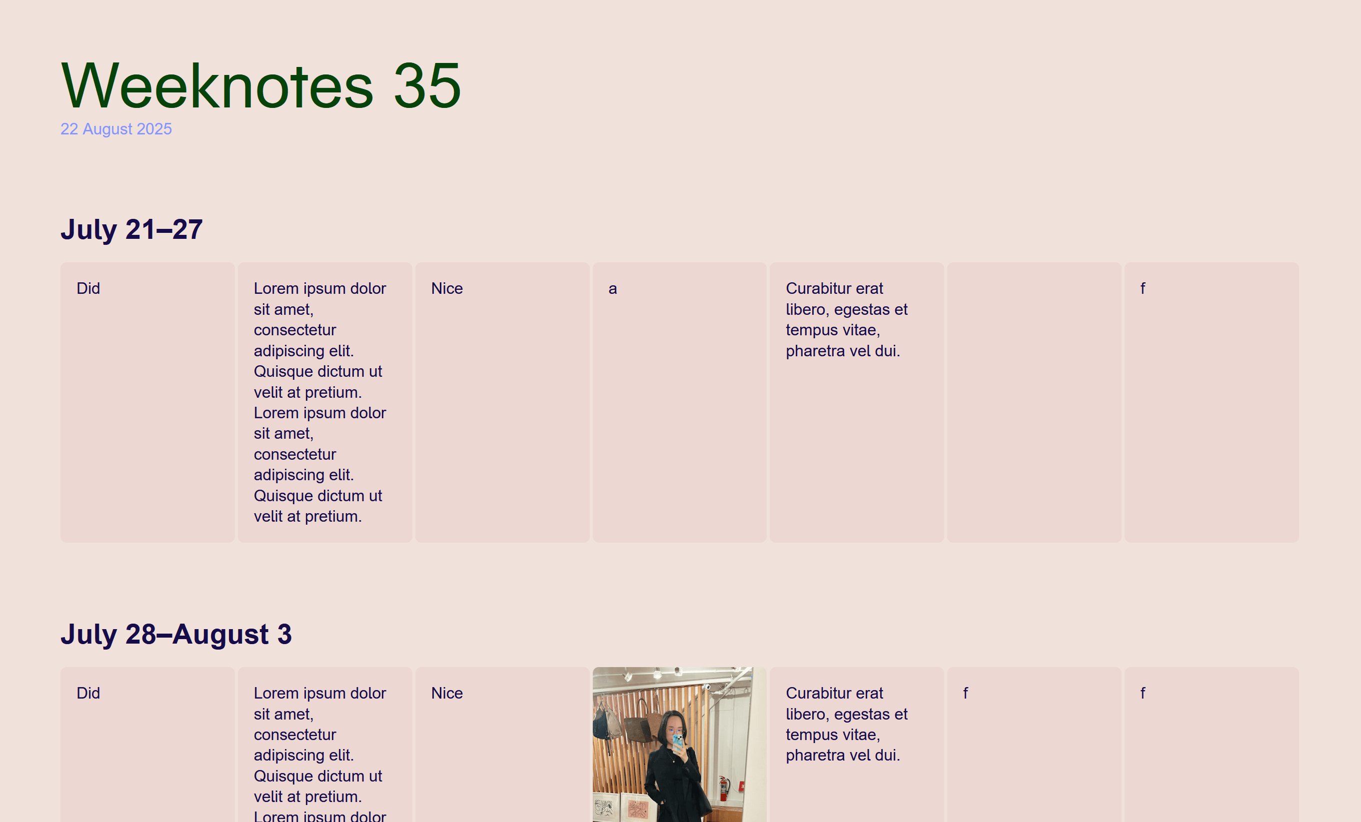 Work in progress weeknotes post where I'm showing it as a weekly calendar layout of happenings, starting mid-July. There's a bunch of placeholder text.